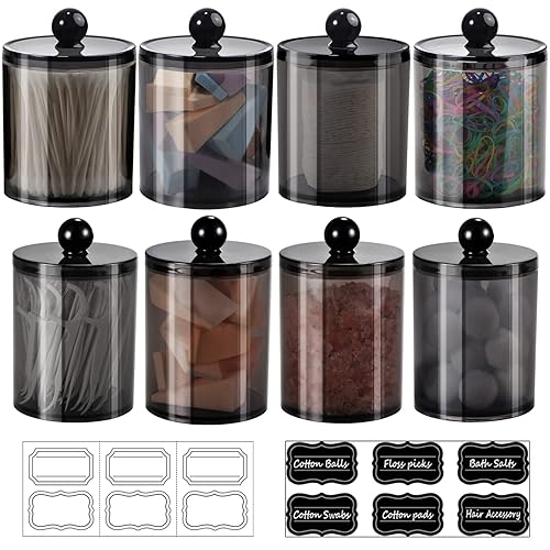 8 Pack Qtip Dispenser Apothecary Jars Bathroom Set with Labels - Black Plastic Qtip Holder Storage Set for Cotton Ball Cotton Swab Cotton Rounds Floss Picks Hair Clips Hair Ties(Black 15oz & 12oz)