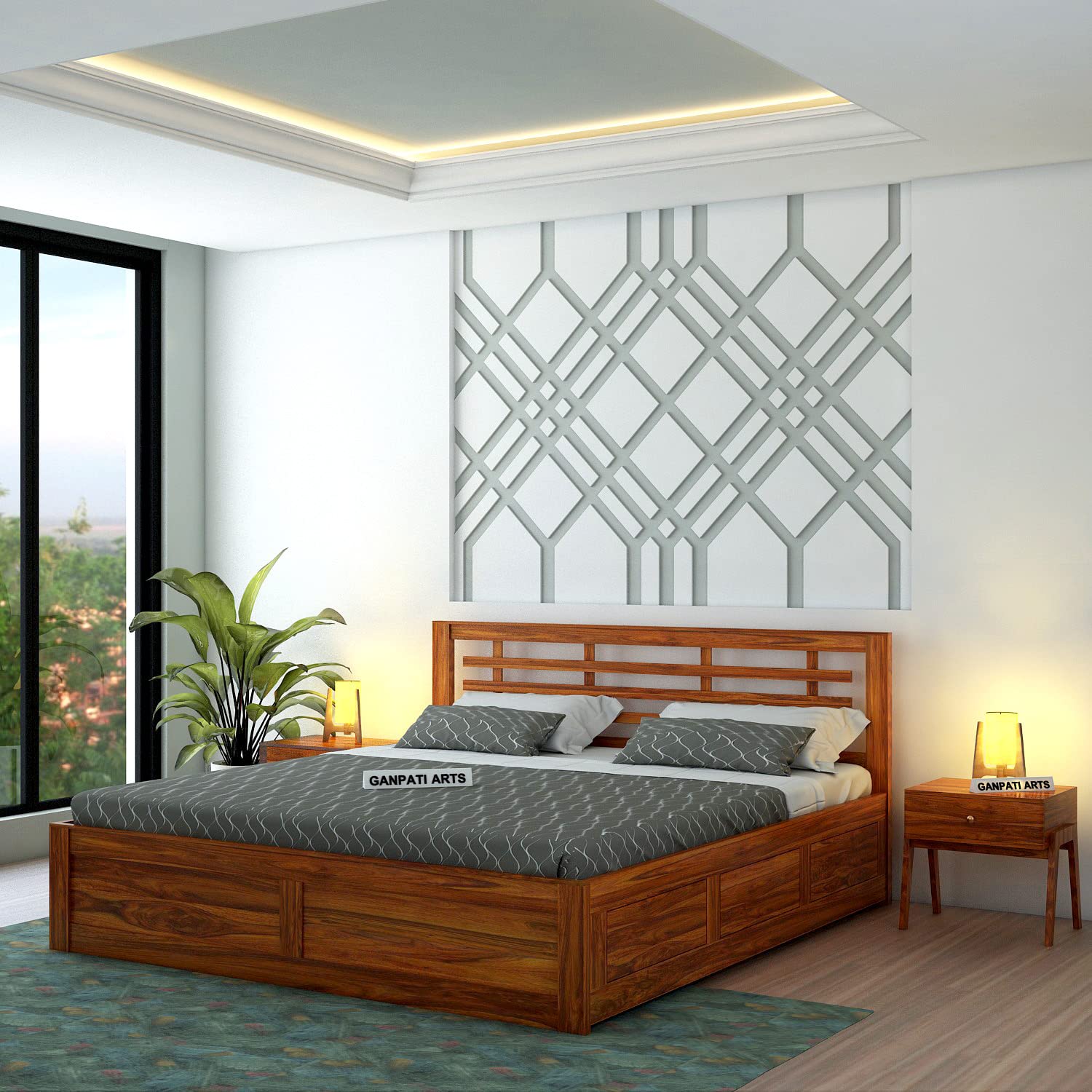 Ganpati Arts Sheesham Wood Lyon Queen Size Bed With Box Storage For Bedroom Living Room Wooden Palang Double Bed (Natural Finish