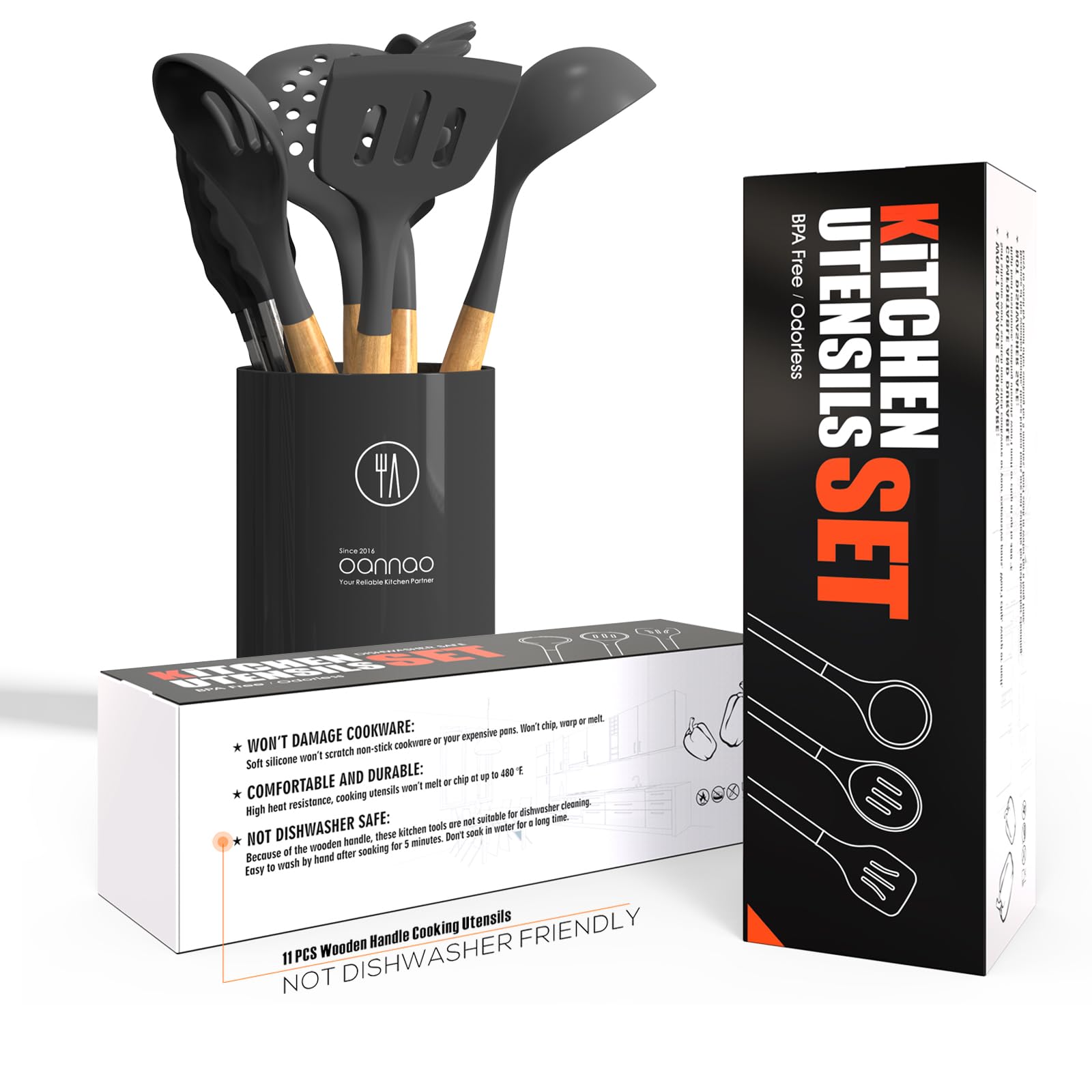 14 Pcs Silicone Cooking Utensils Kitchen Utensil Set - 446F Heat Resistant,Turner Tongs, Spatula, Spoon, Brush, Whisk, Wooden Ha