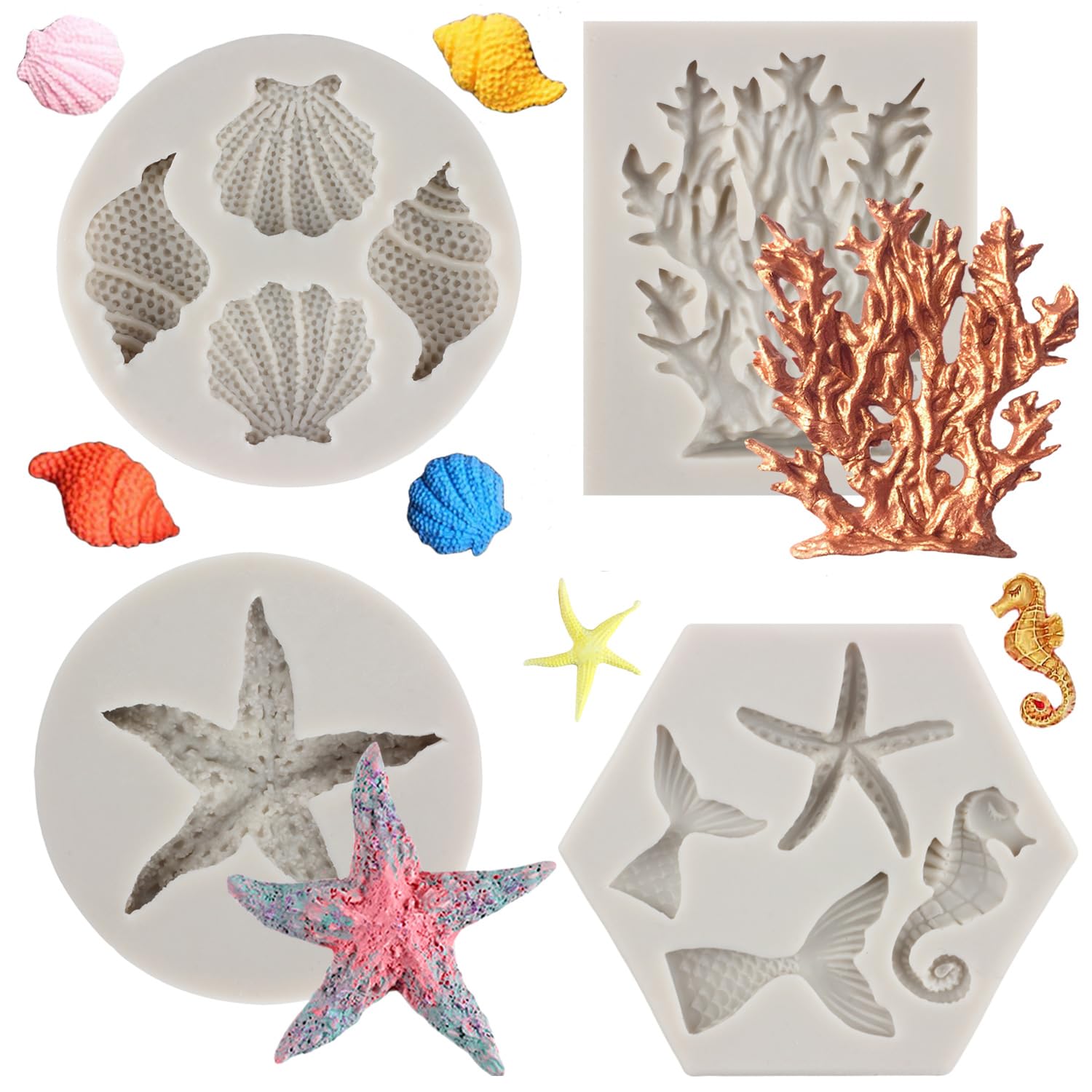 Mypracs Marine Theme Fondant Mold Seashell Conch Starfish Baking Silicone Molds Coral Seahorse Mermaid Tail Molds For Cake Decor