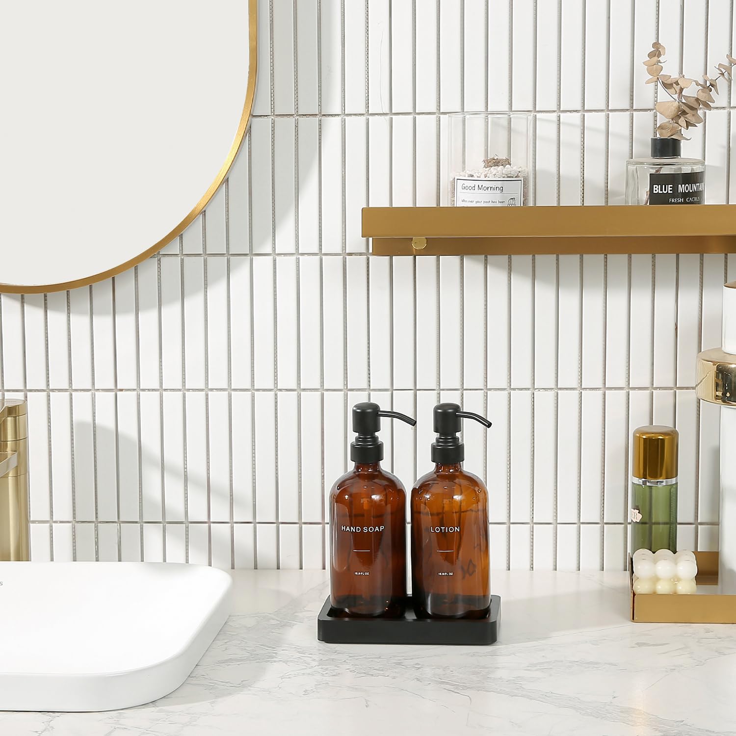 Prus Waso Amber Glass Soap Dispenser Set, Hand Soap And Lotion Set With Black Stainless Steel Pump, Perfect For Modern Bathroom
