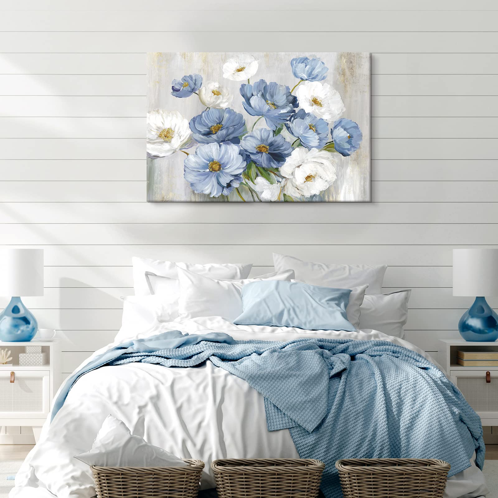 Goldfoilart Blue Flower Picture Wall Decor White Floral Wall Art For Living Room Canvas Modern Bathroom Paintings Large Framed A