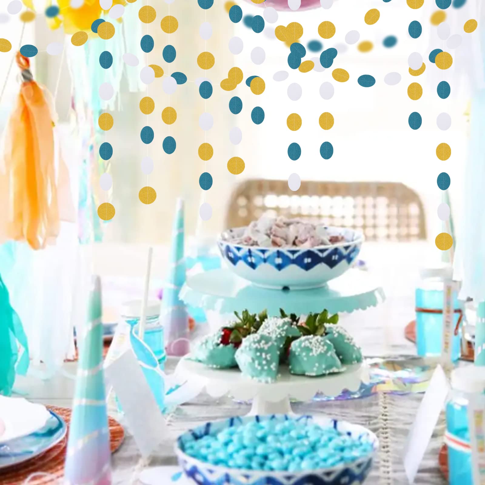 Teal-Turquoise White-Gold Party-Decorations Garland Streamers - 52Ft Woman Girl Birthday Paper Banner,Graduation Wedding Bachelo