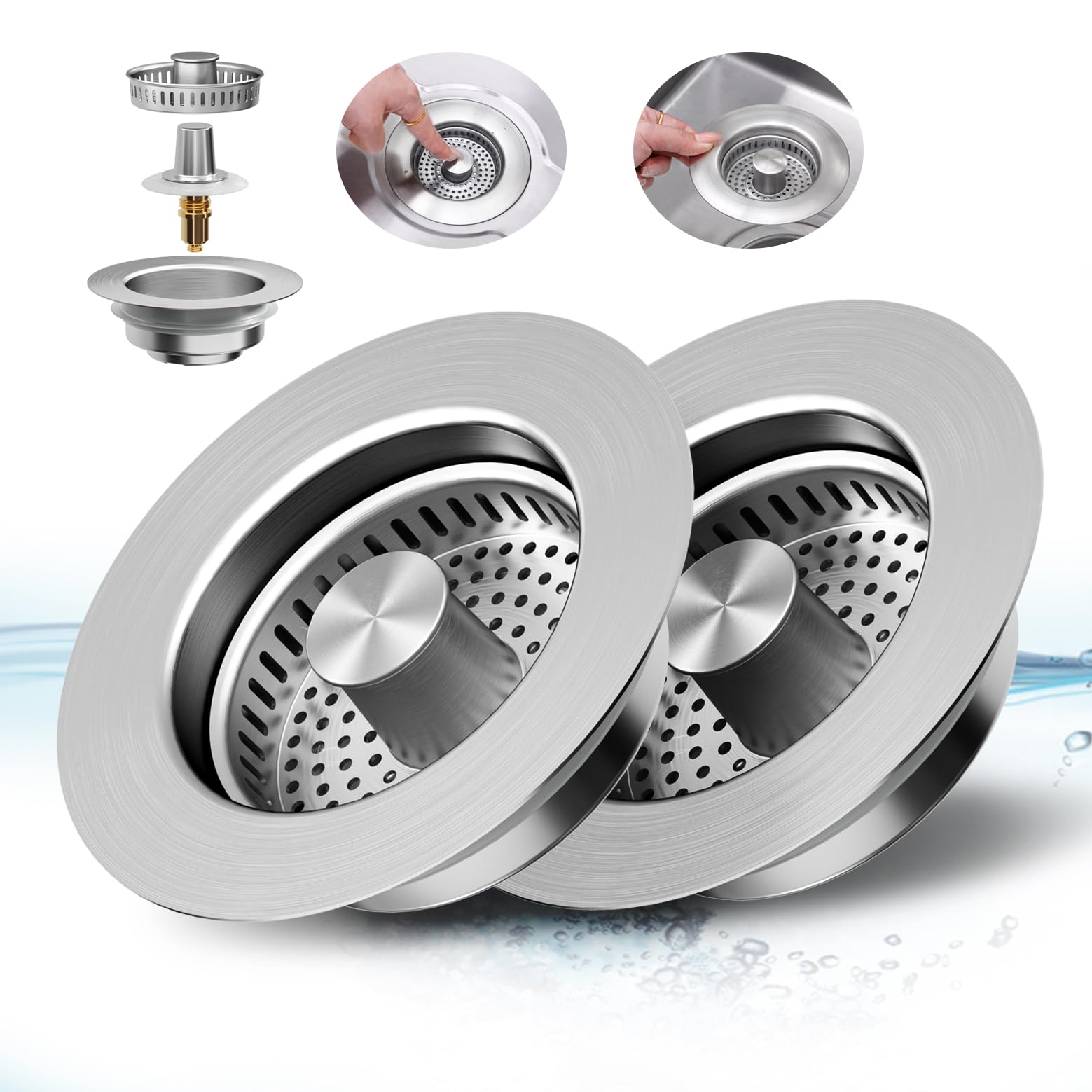 Yonisun 2Pcs Upgraded 3 In 1 Kitchen Sink Drain Strainer,Anti-Clogging Sink Food Catcher Basket, Stainless Steel Pop-Up Kitchen