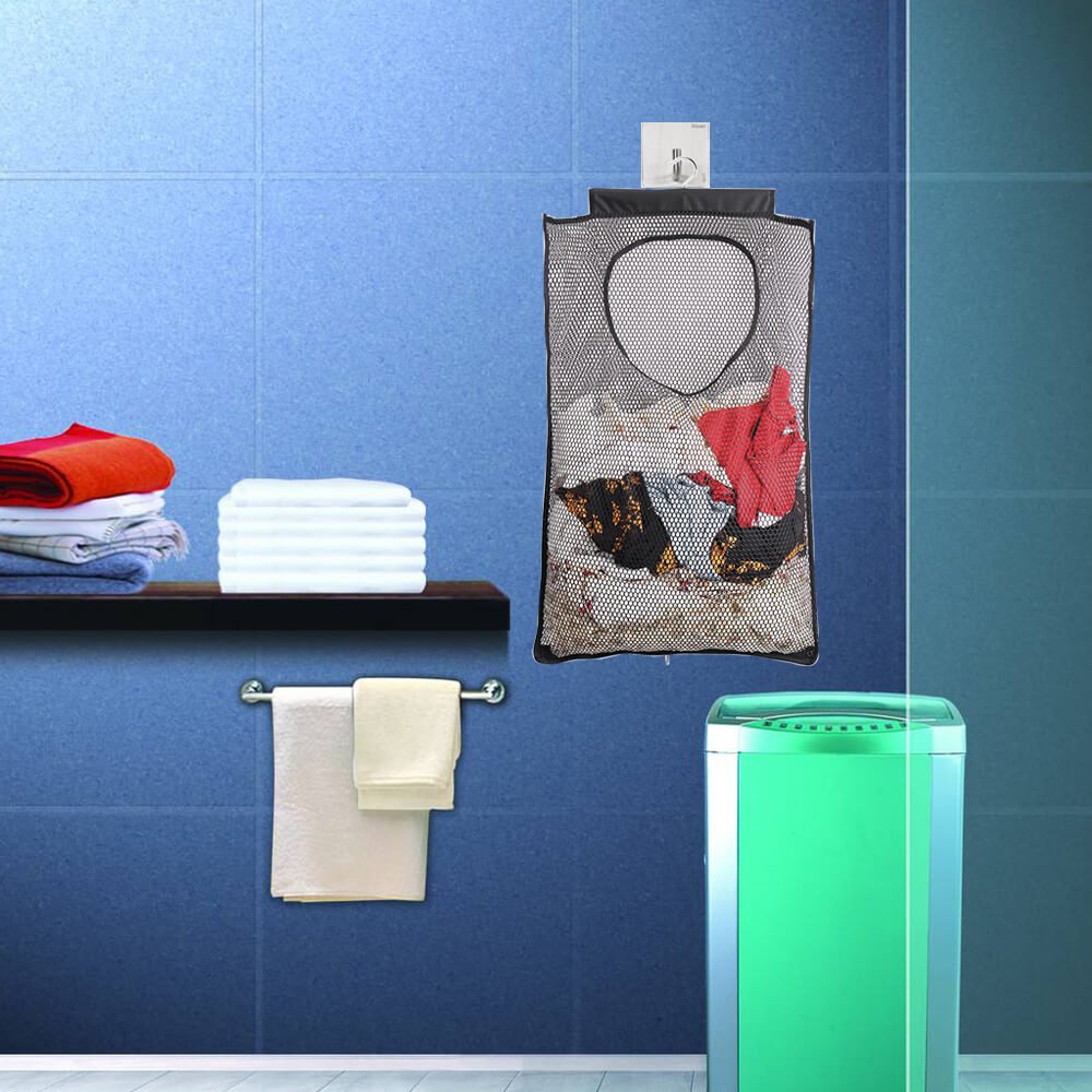 Alyer Breathable Mesh Laundry Hamper,Foldable Hanging Storage Basket,Portable Space Saving Storage Bag (Black)