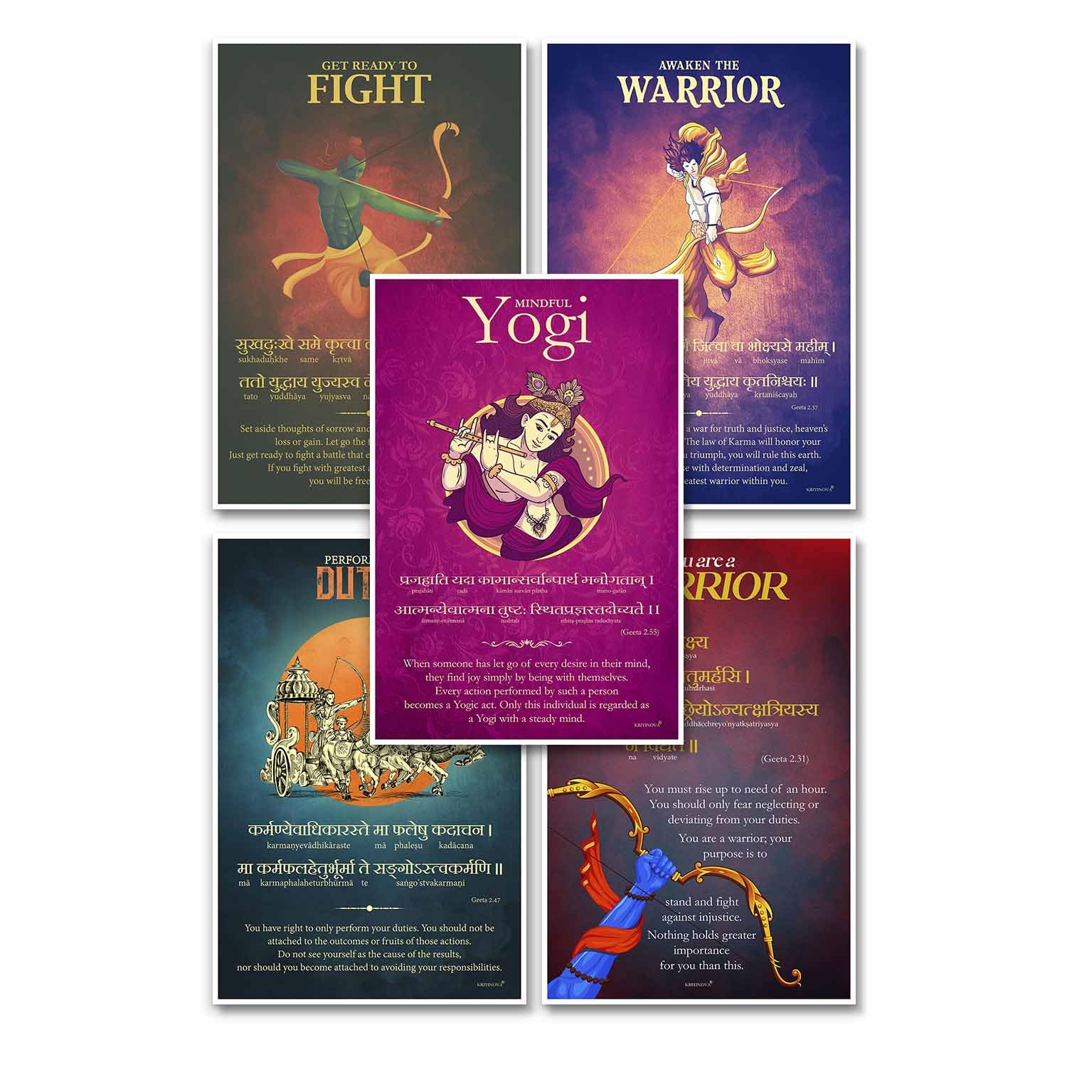 Sanjeev Newar Sanskrit Wall Art  Pack Of 5 Bhagavad Gita Shloka Posters  Inspiring Motivational Unframed Art Prints  Multicol