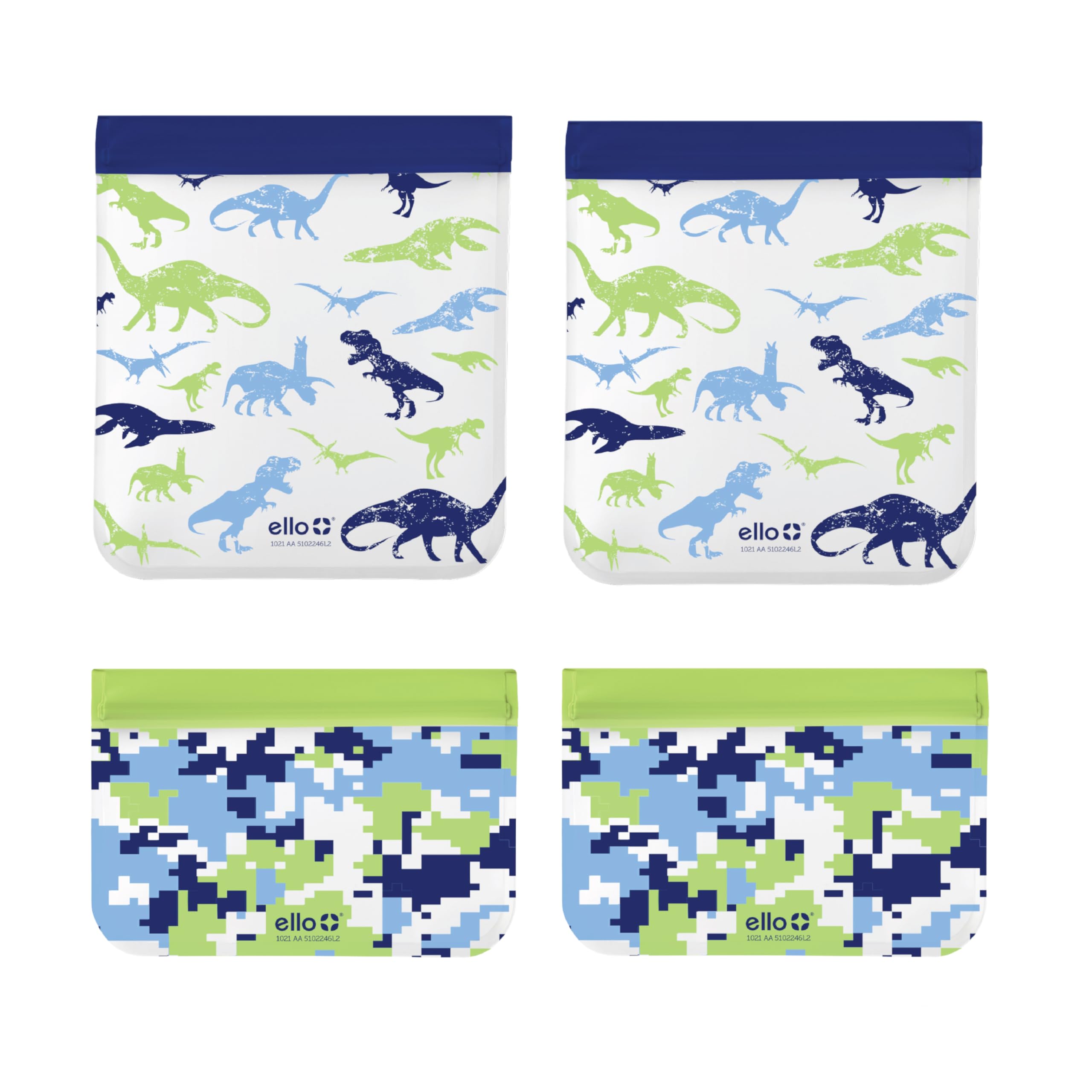 Ello 4 Pack Reusable Food Storage Bags, Resealable BPA-Free, Food-Safe PEVA, Feezer Safe and Leak-Proof, Camo and Dino