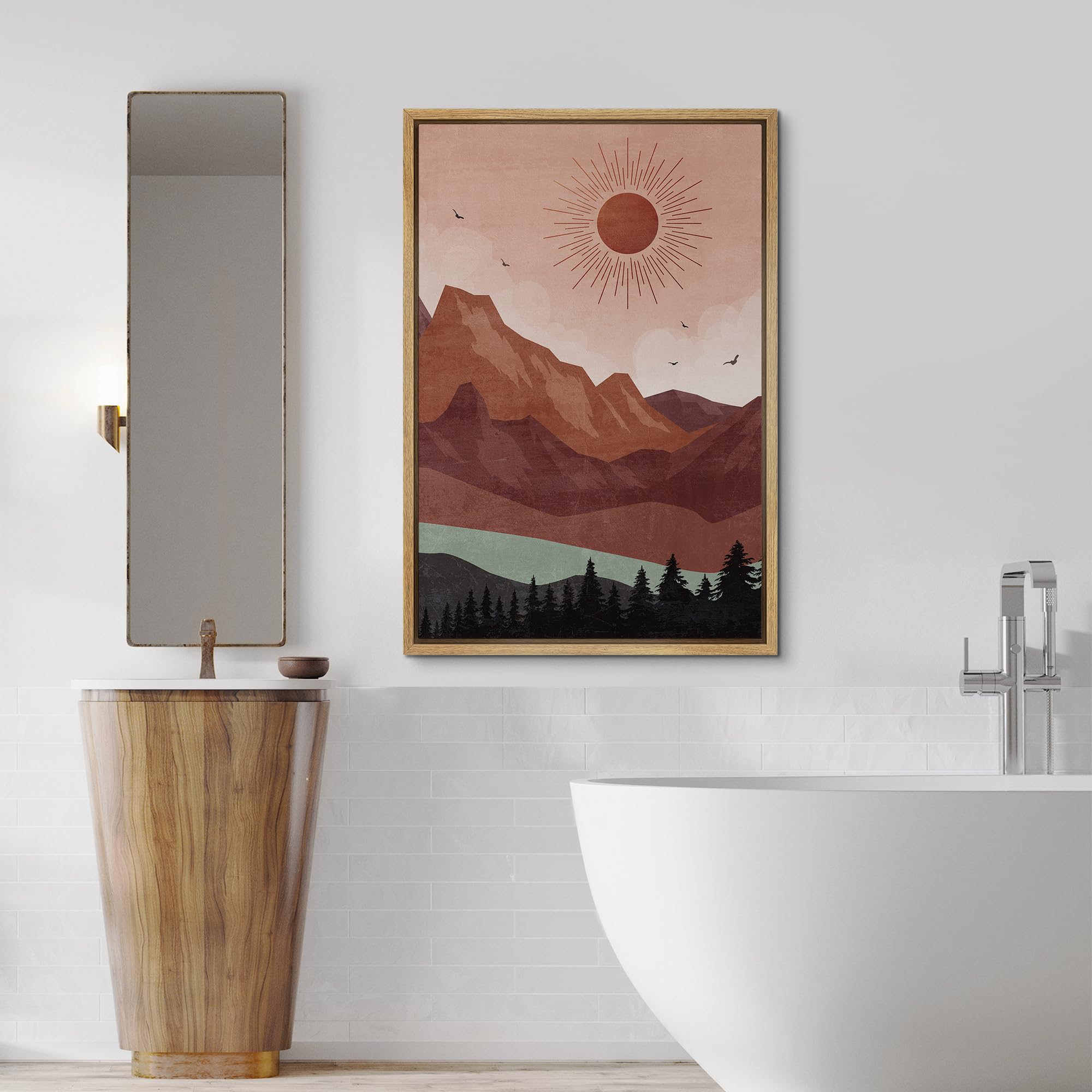 Signford Framed Canvas Print Wall Art Sunset Over Mountain Range With Silhouetted Trees Nature Wilderness Illustrations Decorati