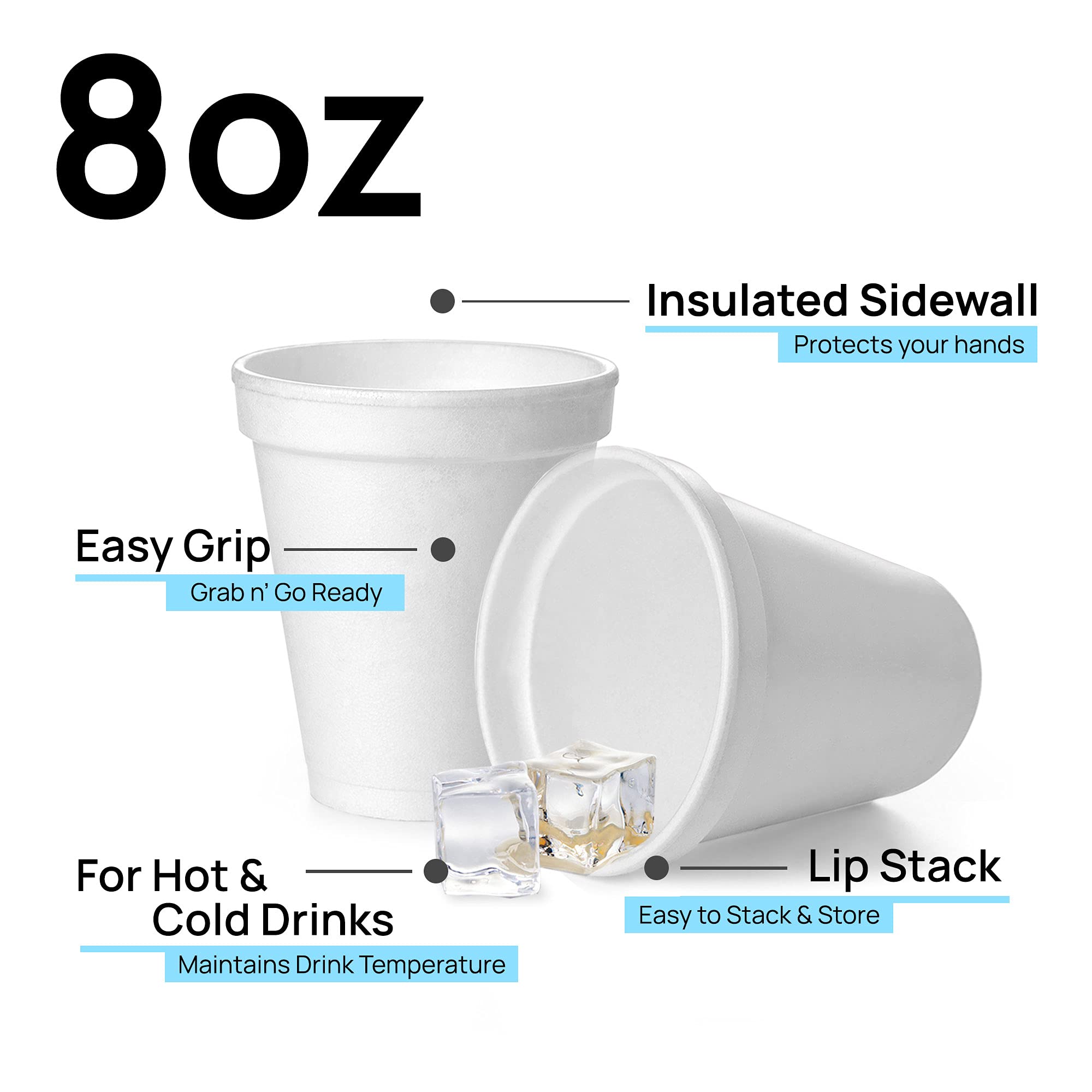 8 Oz Disposable Foam Cups (100 Pack), White Foam Cup Insulates Hot & Cold Beverages, Made In The Usa, To-Go Cups - For Coffee, T