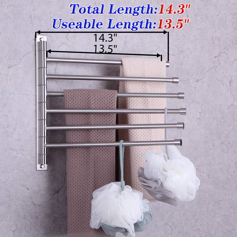 GERZWY Bathroom Swing Arm Towel Bars Wall Mount Bath Towel Rack with 6 Arms Hanger Towel Holder Organizer Brushed Stainless Steel