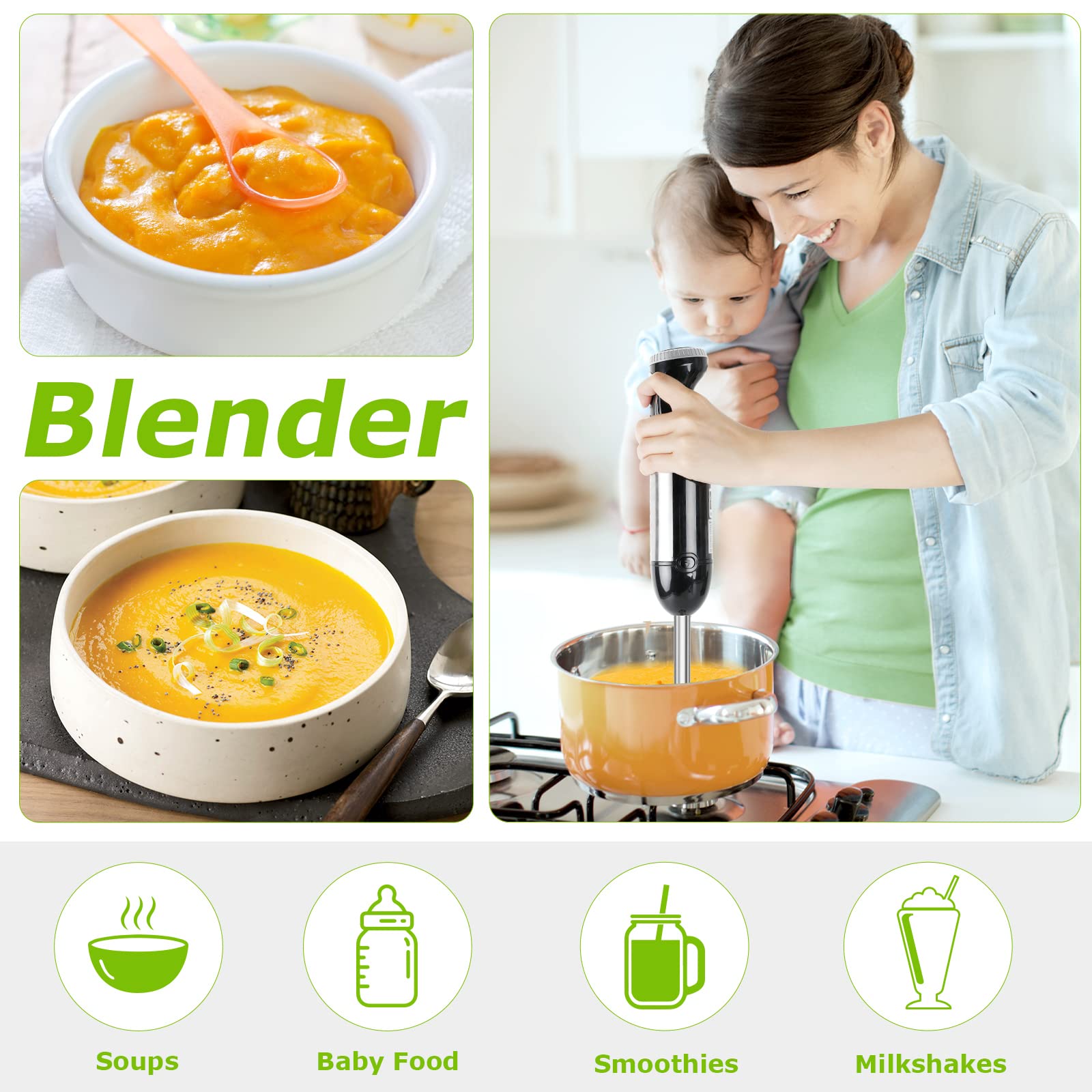 Bonsenkitchen Immersion Blender  20 Variable Speeds & Turbo  4-In-1 Stainless Steel Handheld Blender Stick Mixer with Egg Whisk  Beaker & Chopper Bowl