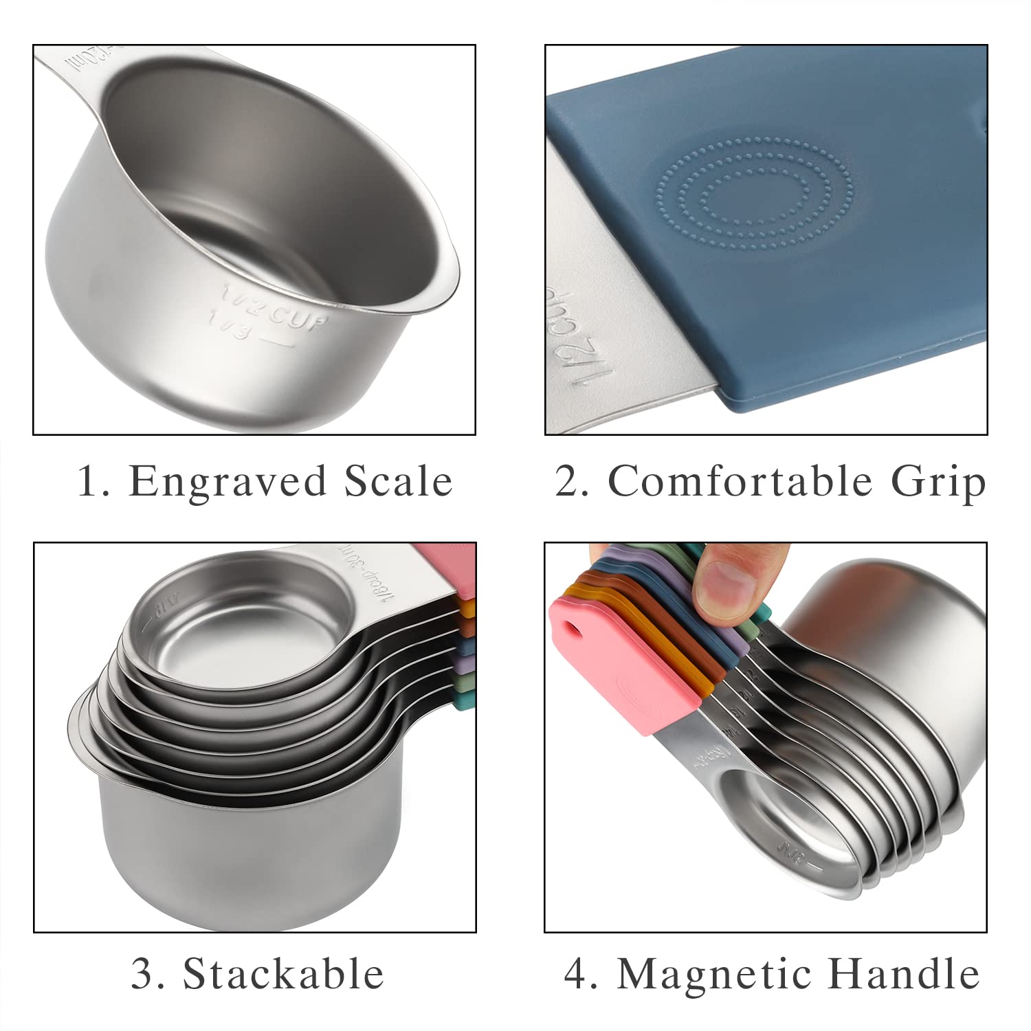 Turewin Magnetic Measuring Cups and Spoons Set - 7 Stainless Steel Cups, 8 Double-Sided Spoons, Leveler, Color Variants