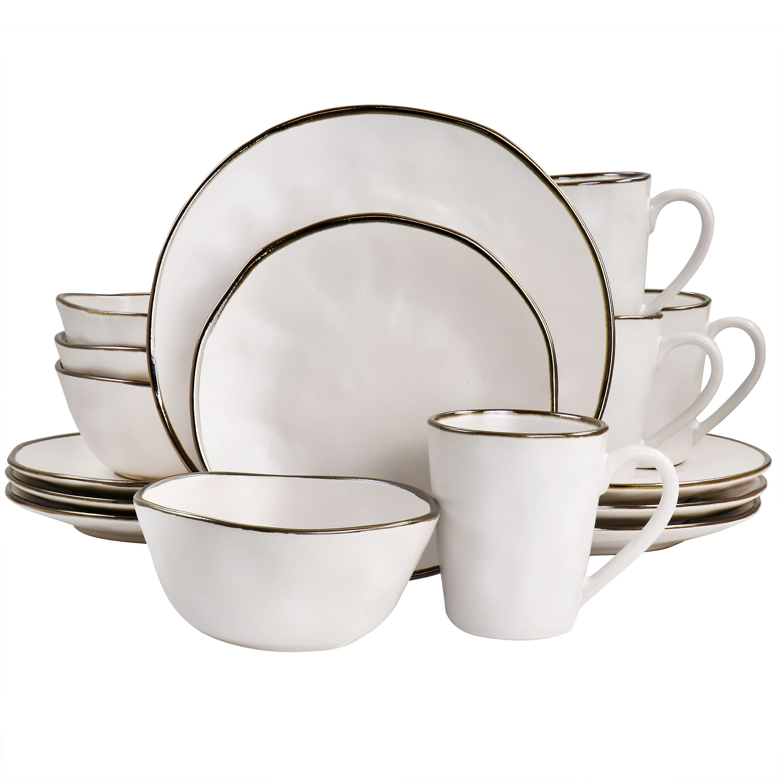 Elama Modern 16 Piece Stoneware Dinnerware Set in Matte White with Gold Rim, (ELM-MATTE)