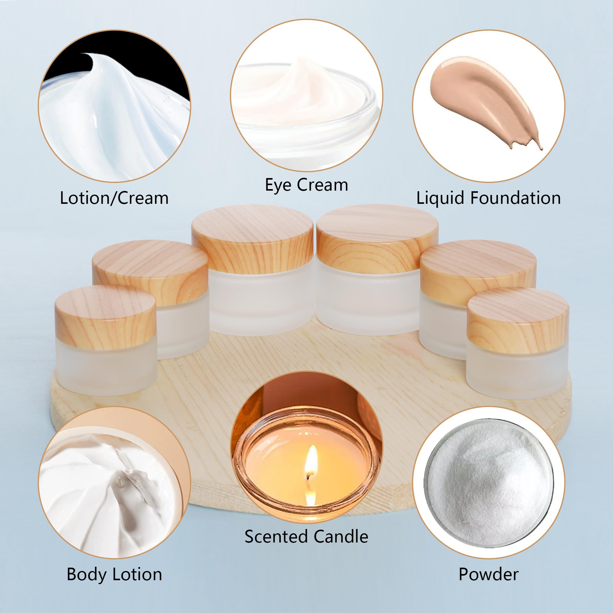 Miayon 6Pcs Glass Cosmetic Containers With Wood Grain Lid Refillable Cosmetic Jar Frosted Glass Cream Container With Leak-Proof