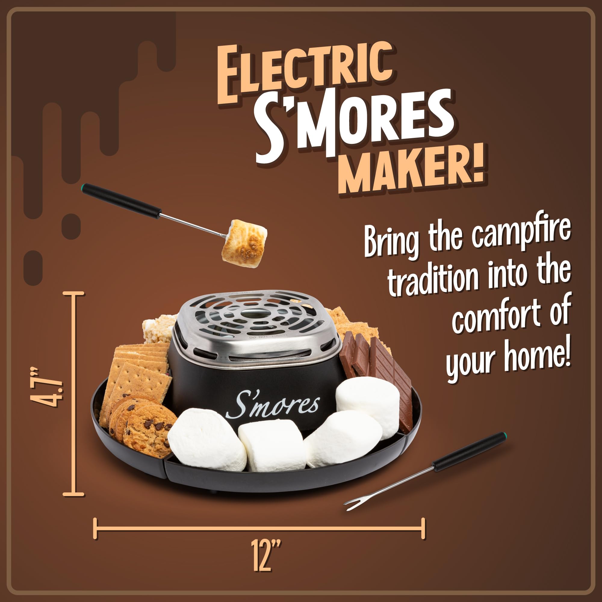 Nostalgia Tabletop Indoor Electric S'Mores Maker - Smores Kit With Marshmallow Roasting Sticks And 4 Trays For Graham Crackers,