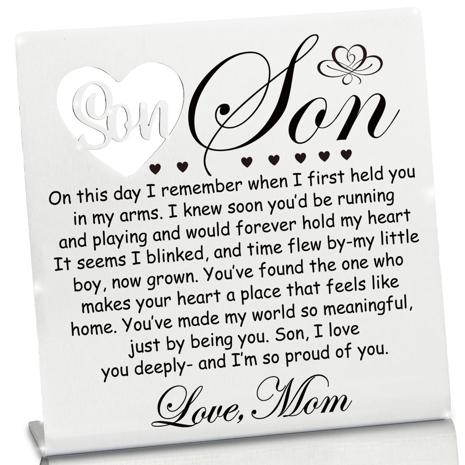 Stainless Steel Desk Plaque with Love Quote, Proud Mom Present for Son Wedding, Heartfelt Love Quote Desk Decor, Meaningful Keep
