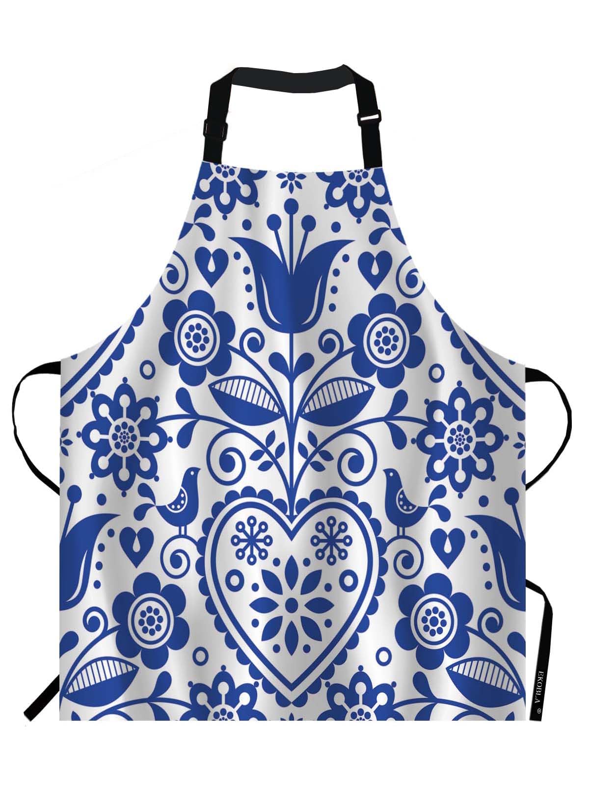 Ekobla Floral Aprons Bohemian Style Scandinavian Folk Art Navy Blue Waterproof Resistant Chef Cooking Kitchen Bbq Adjustable Apr