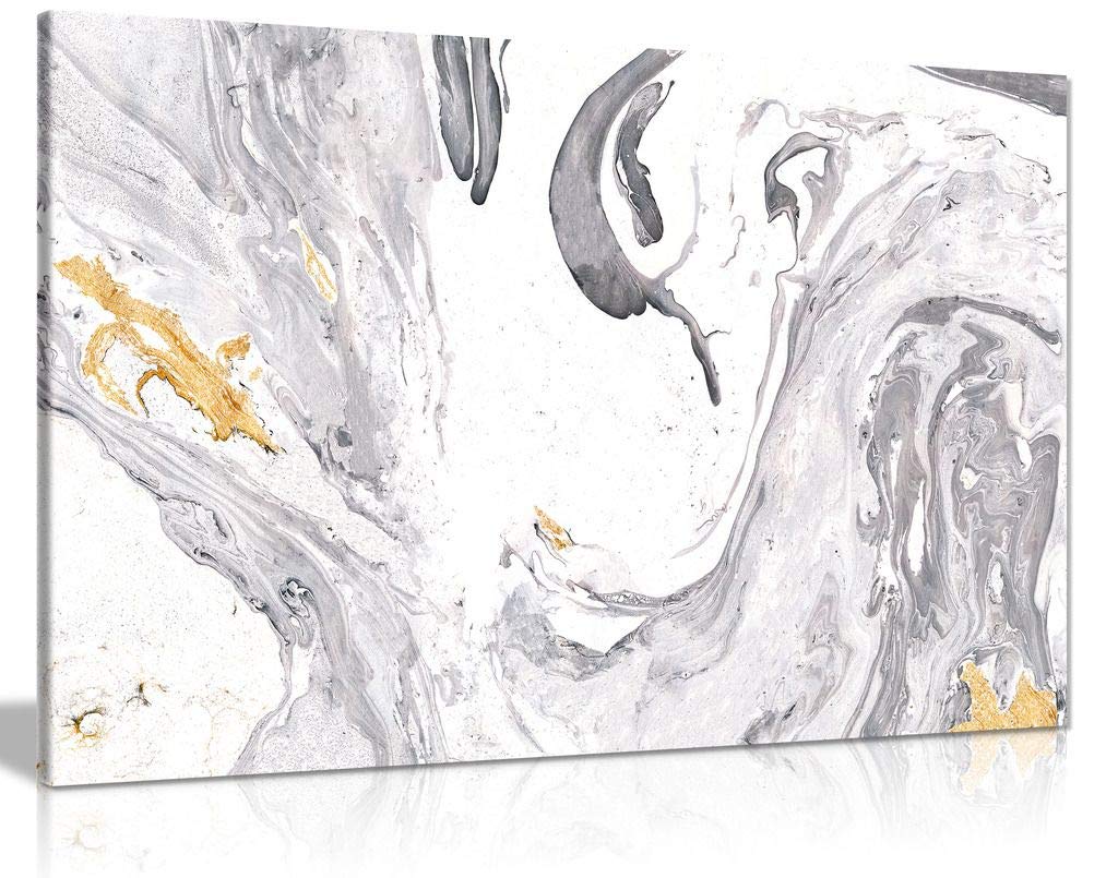 Abstract Modern Grey Yellow White Paint Swirls Canvas Wall Art Picture Print (12X8)