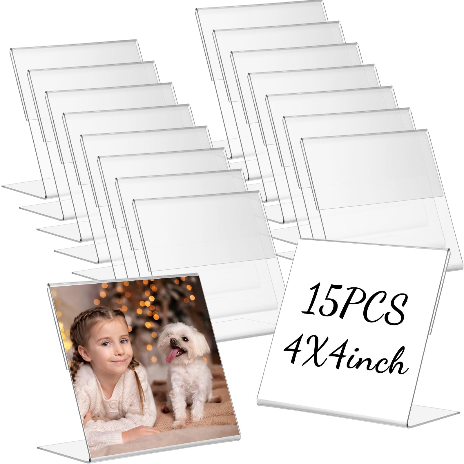 Soaoo 15 Pcs Acrylic Photo Frames 4 x 4 Inch Clear Picture Frames Slant Back Plastic Booth L Shaped Photo Stand Horizontal Small