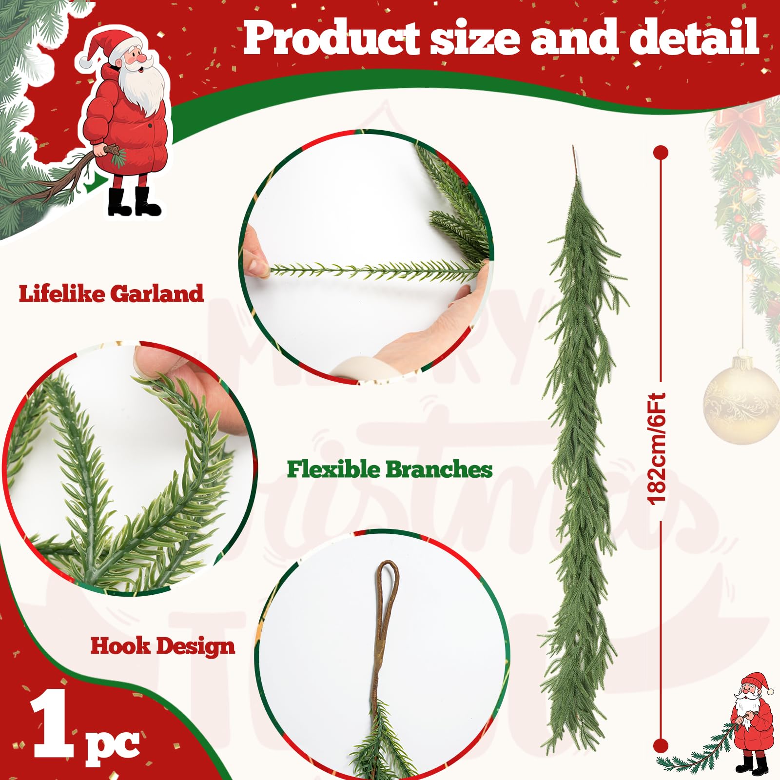 JDKPK 6Ft Artificial Norfolk Pine Garland Realistic Green Faux Greenery Garland for Christmas Table, Fireplace, Mantle, Window,