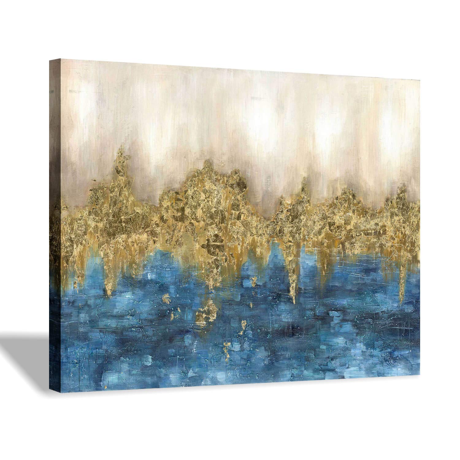 Abstract Print Canvas Wall Art: Blue Gold Artwork Picture Small Size For Bedroom (16    X 12'' X 1 Panel)
