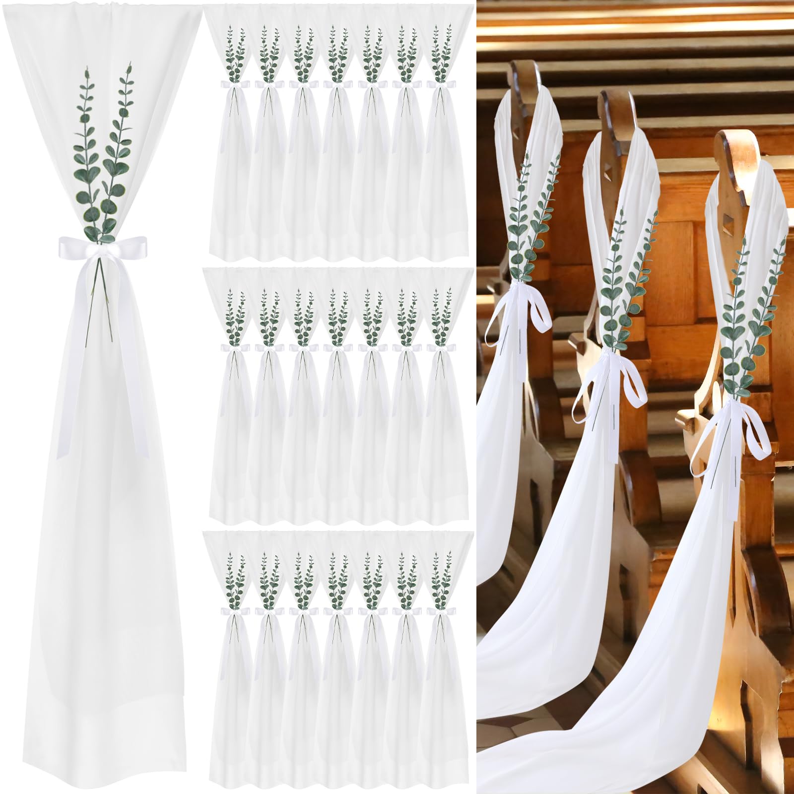 VitalCozy 48 Sets Wedding Aisle Chair Decorations for Wedding Ceremony Chiffon Pew Chair Sashes with Ribbons and Artificial Euca