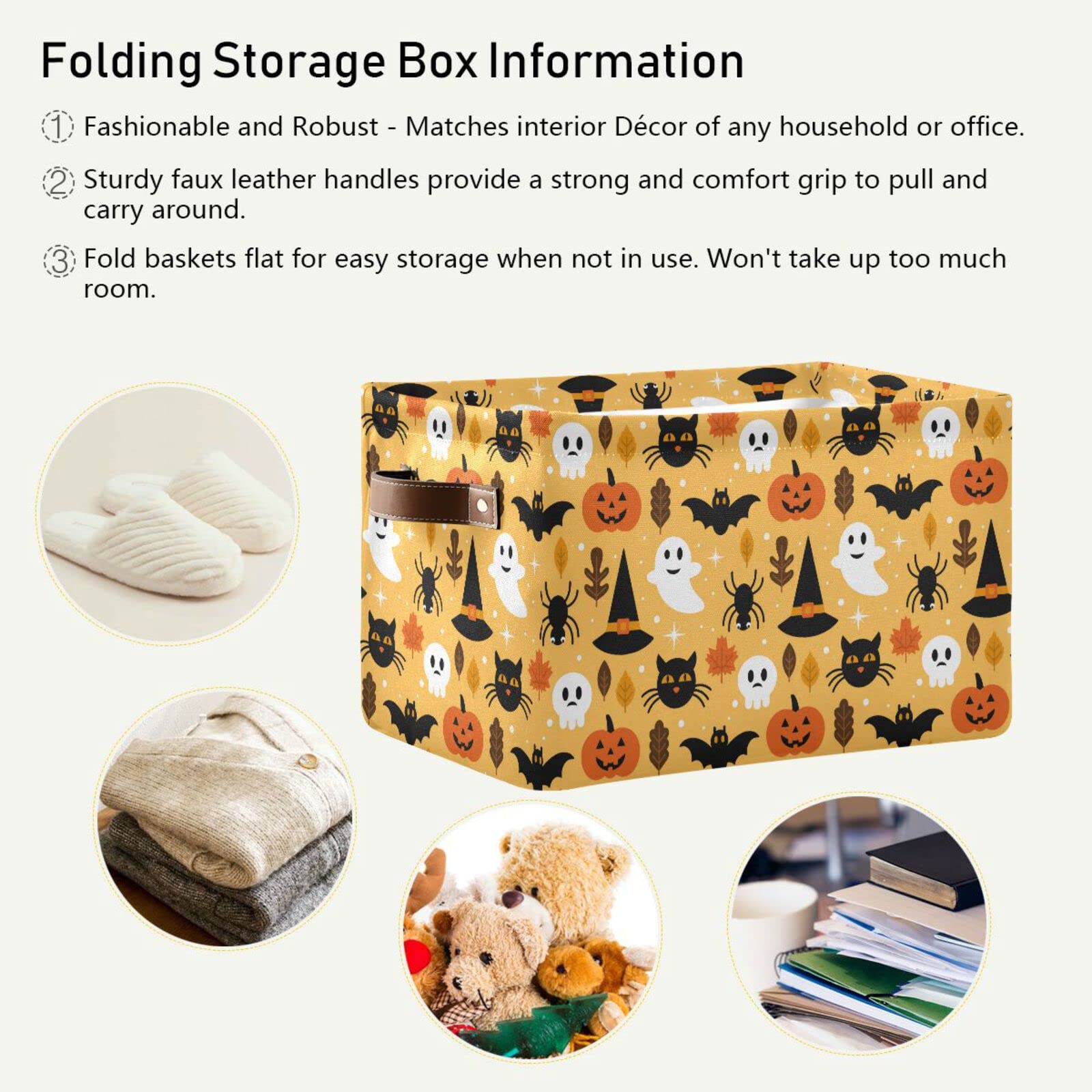Large Storage Basket Halloween Spooky Skull Pumpkin Black Cat Foldable Storage Box Organizer Bins With Handles For Bedroom Home