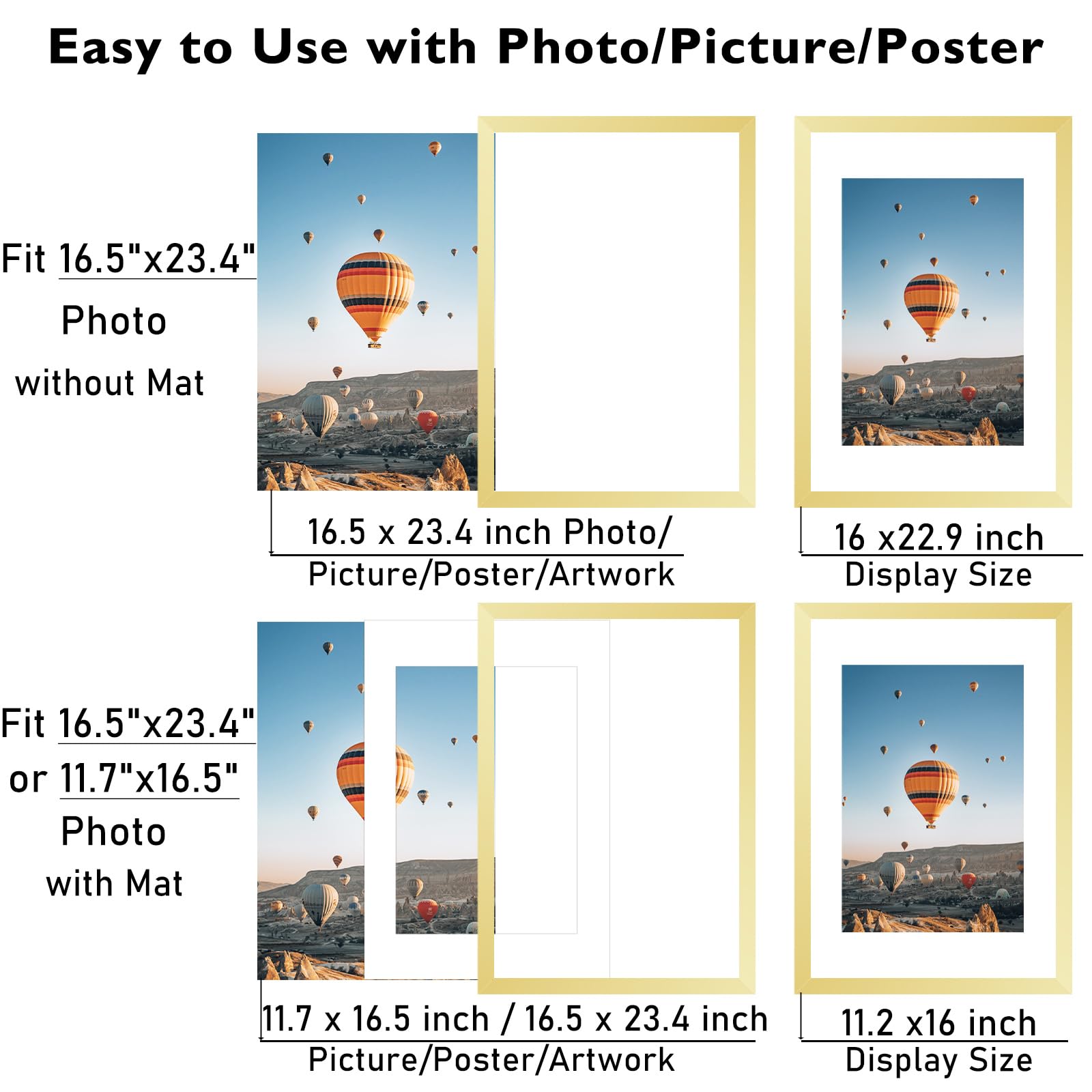 JCJMY 16.5x23.4 A2 Picture Frame Gold with 11.7x16.5 A3 Mat, Display Photo 11.7x16.5 with Mat or 16.5 x 23.4 Without Mat, Wall H