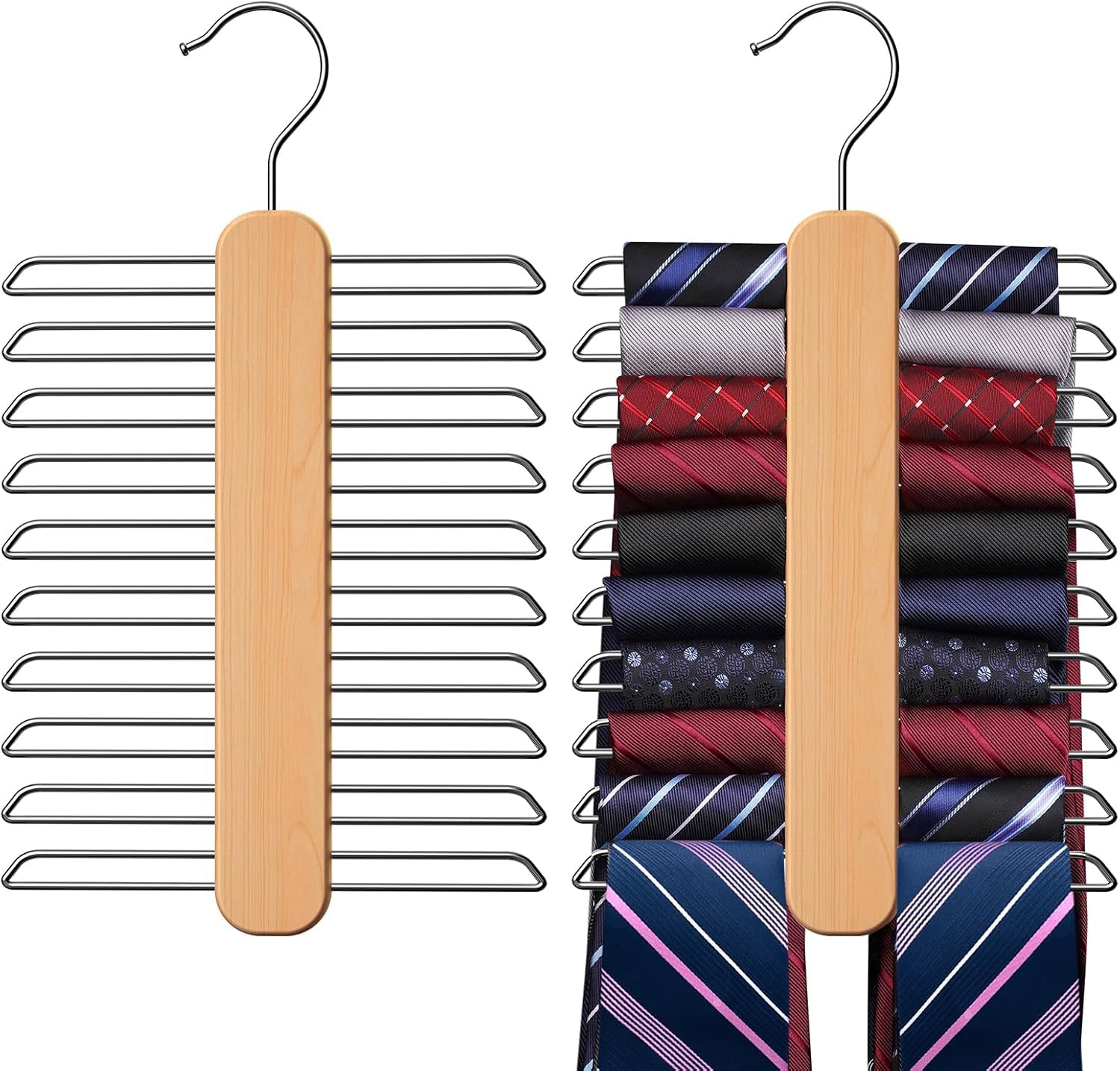 Rollyware  Wood Tie Hanger, Rust Resistant Wooden Necktie Organizer With 20 Swivel Hooks, 360 Degree Rotation, Space Saving, Ide