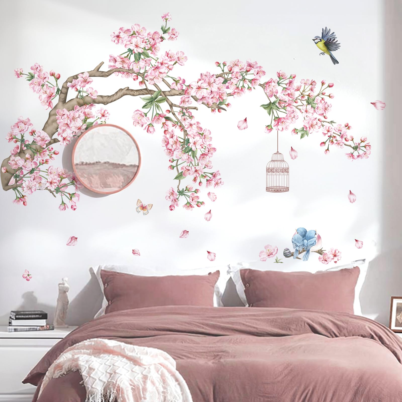 Decalmile Cherry Blossom Tree Branch Wall Decals Pink Flower Birds Wall Stickers Bedroom Living Room Sofa Tv Background Wall Dec