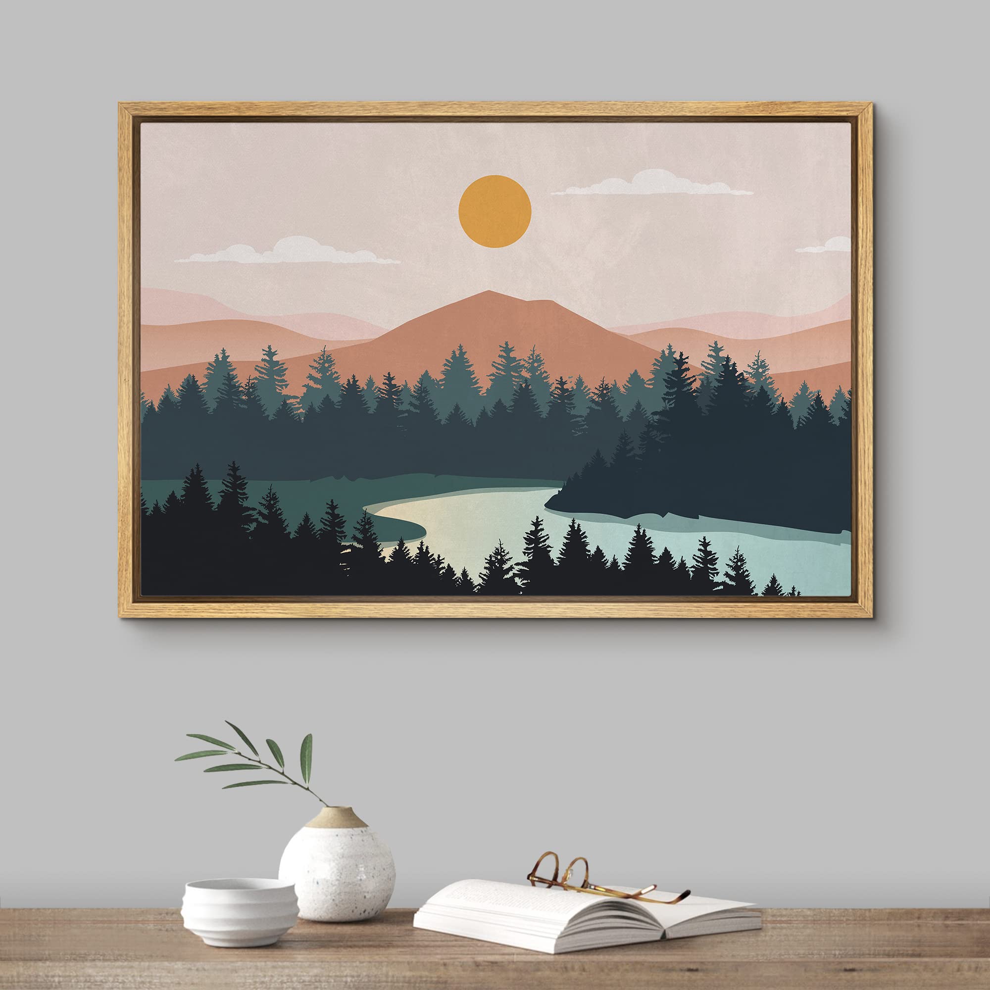 Signford Framed Canvas Print Wall Art Woodland Nursery Decor Geometric Pastel Mountain Range Nature Wilderness Modern Art Decora
