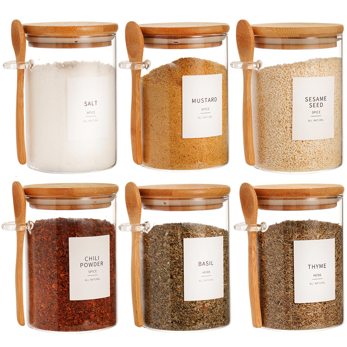 HHMJSM 6 Pcs Glass Jar with Bamboo Lid and Spoon - 17 oz Large Sugar Container with 148 Kitchen Pantry Spice Jar Labels Preprint