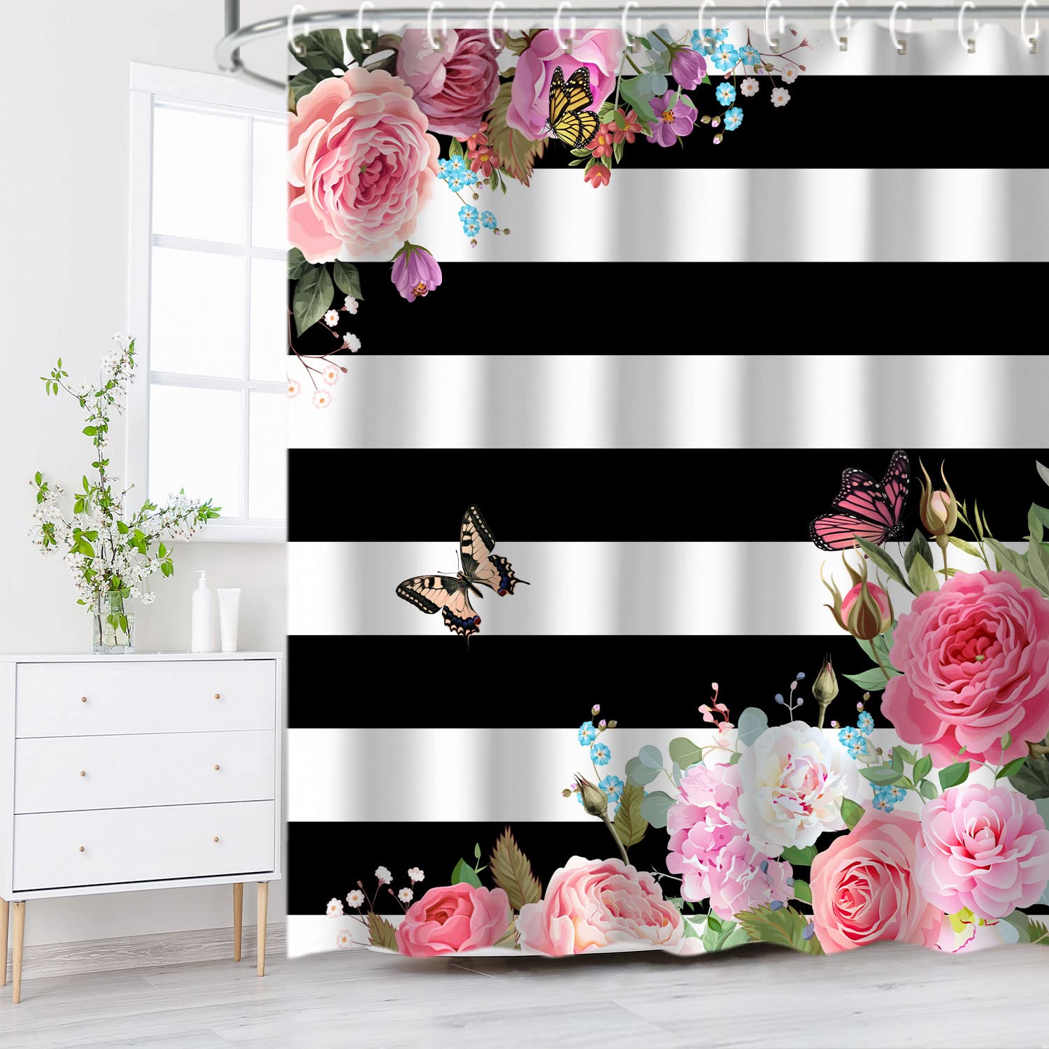 Livilan Pink Shower Curtains For Bathroom Floral Shower Curtain Flowers Girly Butterfly Black And White Striped Shower Curtain S