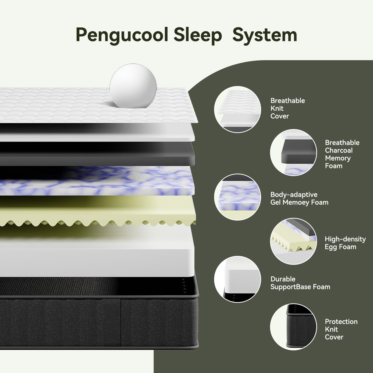 Pengucool 12 Inch King Size Memory Foam Mattress, Charcoal-Infused Cooling Mattress In A Box, Medium Firm For Back Pain Relief,