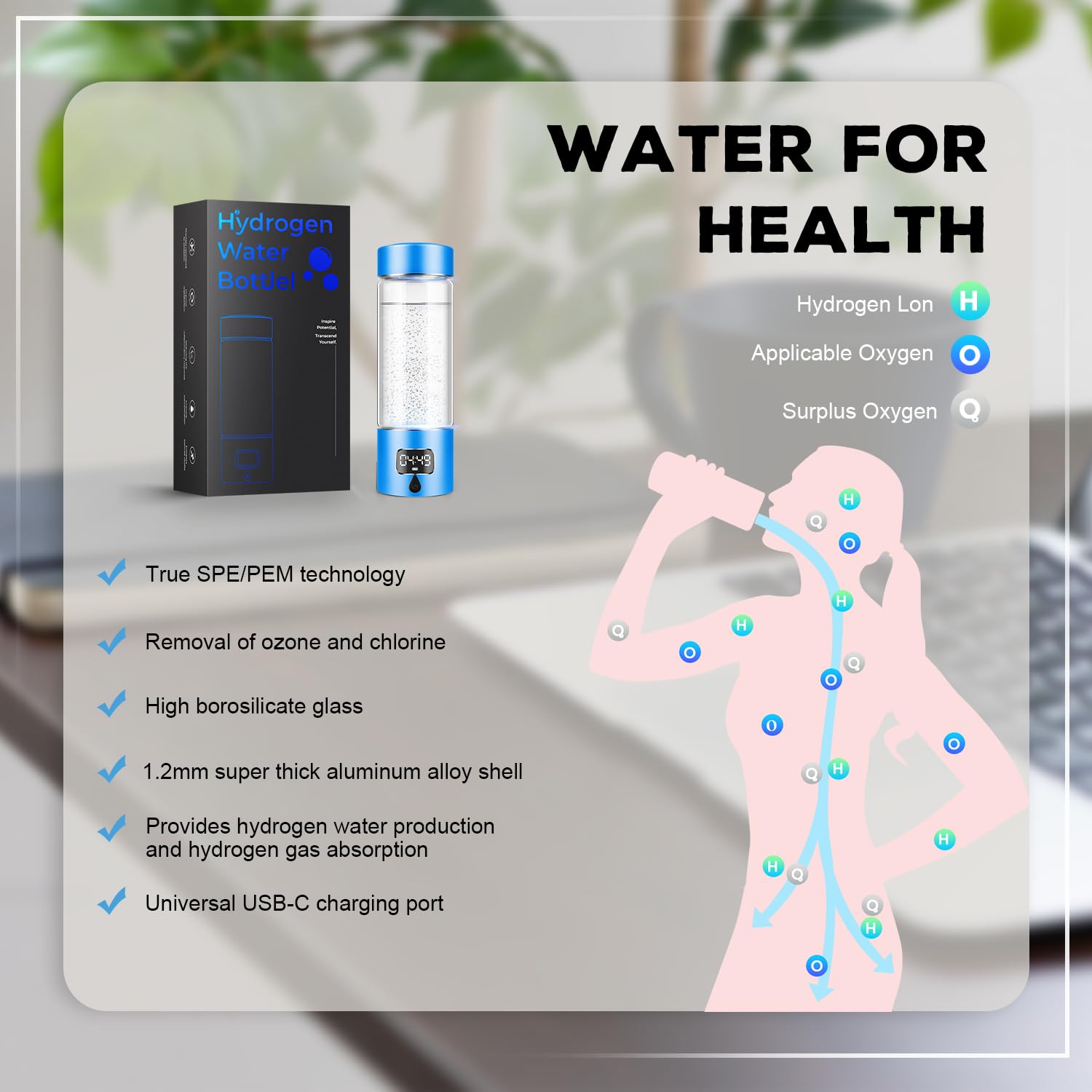 Hydrogen Water Bottle Generator with 4th Generation SPE/PEM Technology, Portable Hydrogen Water Ionizer Machine, Birthday,Xmas G