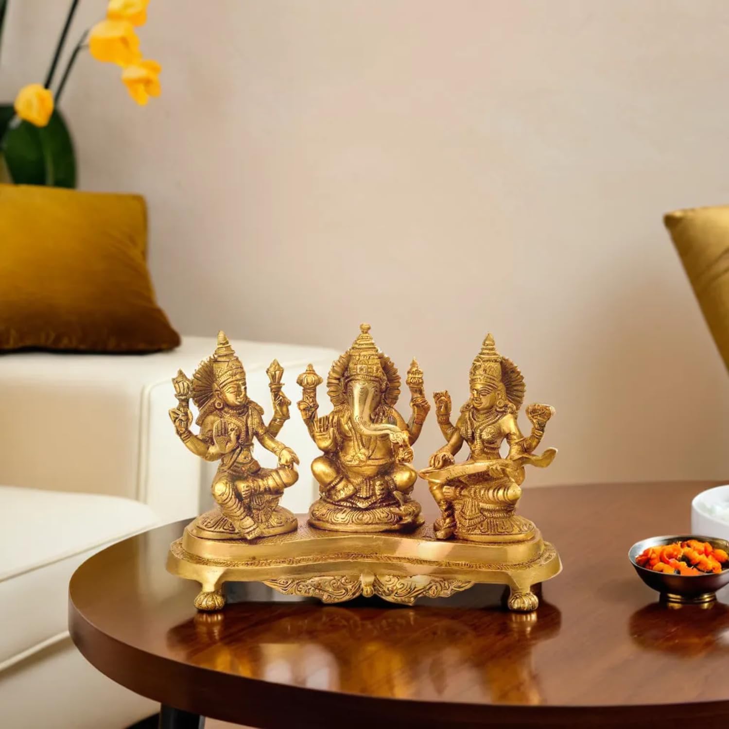 Kartique Brass Laxmi Ganesh Saraswati Idol | Ganesha Statue | Ganpati Murti | For Home Decor | Gift | (Gold)