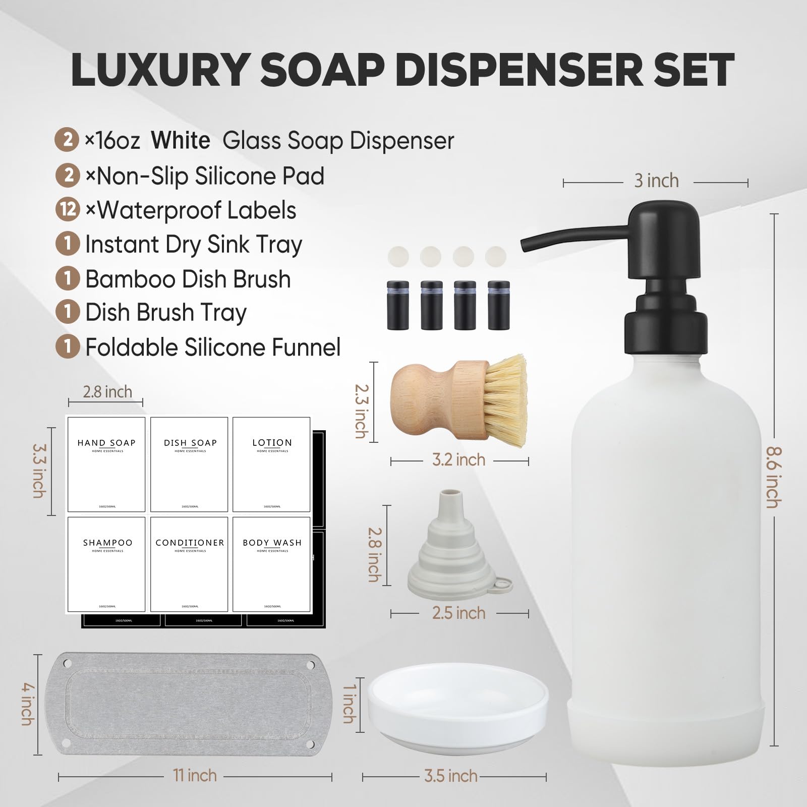 Neeczs Kitchen Soap Dispenser Set With Instant Dry Tray,16 Oz Hand And Dish Soap White Glass Dispenser Set,Stainless Steel Pump,