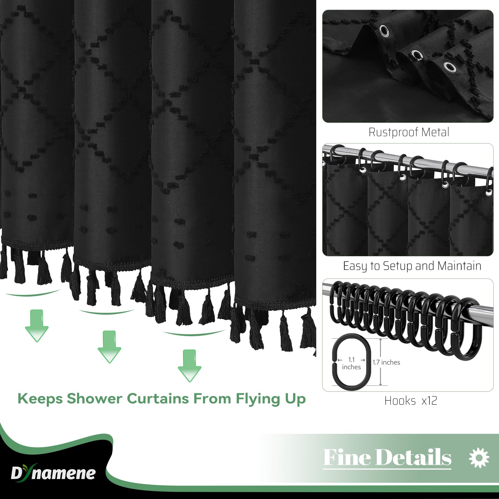 Dynamene Extra Long Shower Curtains, 96 Inch Long Boho Chenille Tufted Geometric Striped Fabric Shower Curtains For Bathroom, Ta