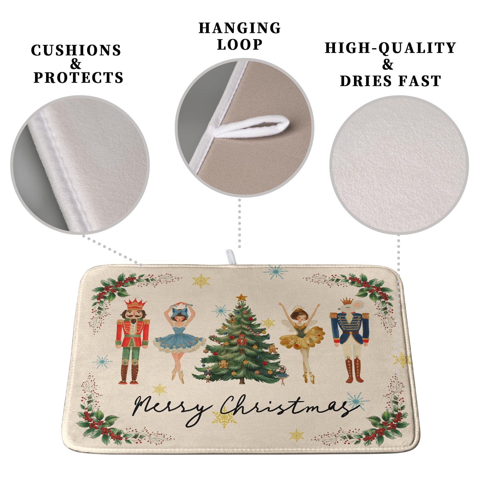 Merry Christmas Nutcracker Dish Drying Mat for Kitchen Counter 18x24 Inch Winter Xmas Tree Snowflakes Drying Mats Microfiber Abs
