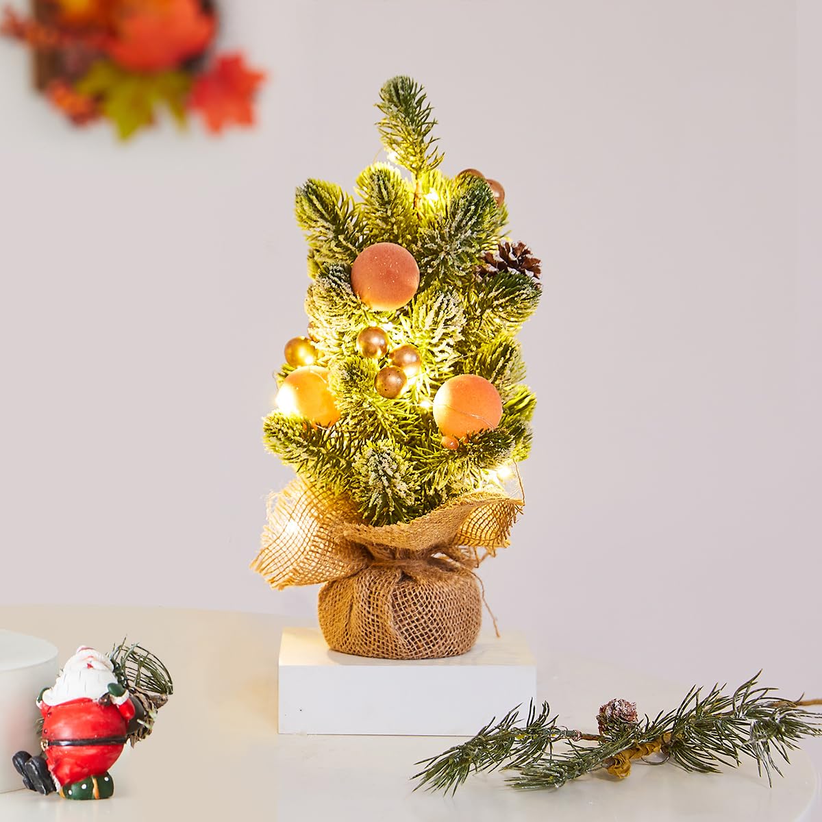 MYELLU Burlap Small Christmas Tree Decor with Lights - Mini Tabletop Artificial Tree Centerpiece for Indoor Home Office Desk Hol