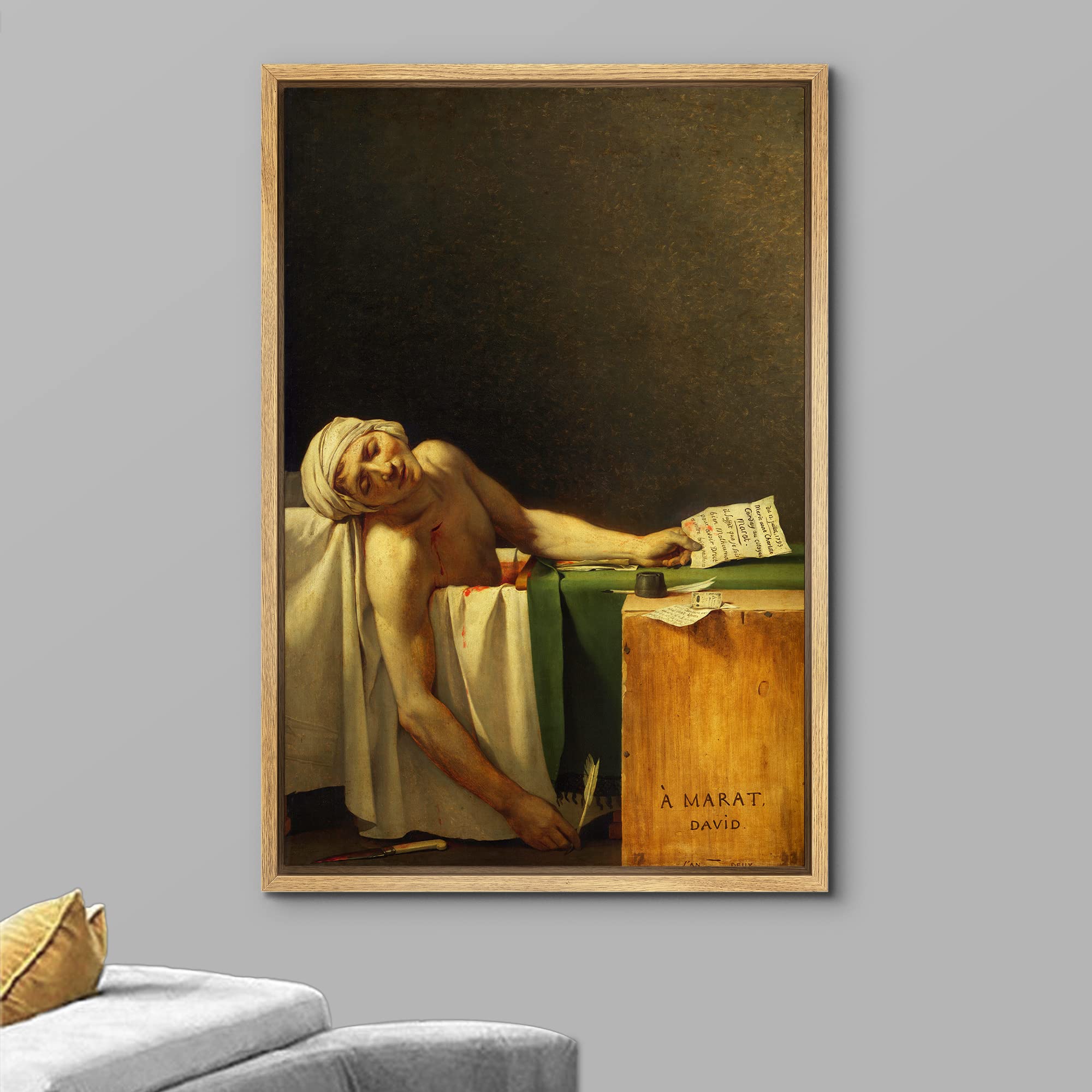 Wall26 - The Death Of Marat By Jacques-Louis David - Framed Canvas Print Wall Art Famous Painting Reproduction - 16''X24'' Natur