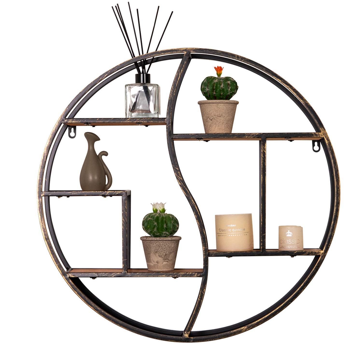 GLCS GLAUCUS Round Wall Shelf,24 inch Metal Circle Shelf Wood Floating Shelves,Rustic Retro Wall Mounted Display Organizer Shelf