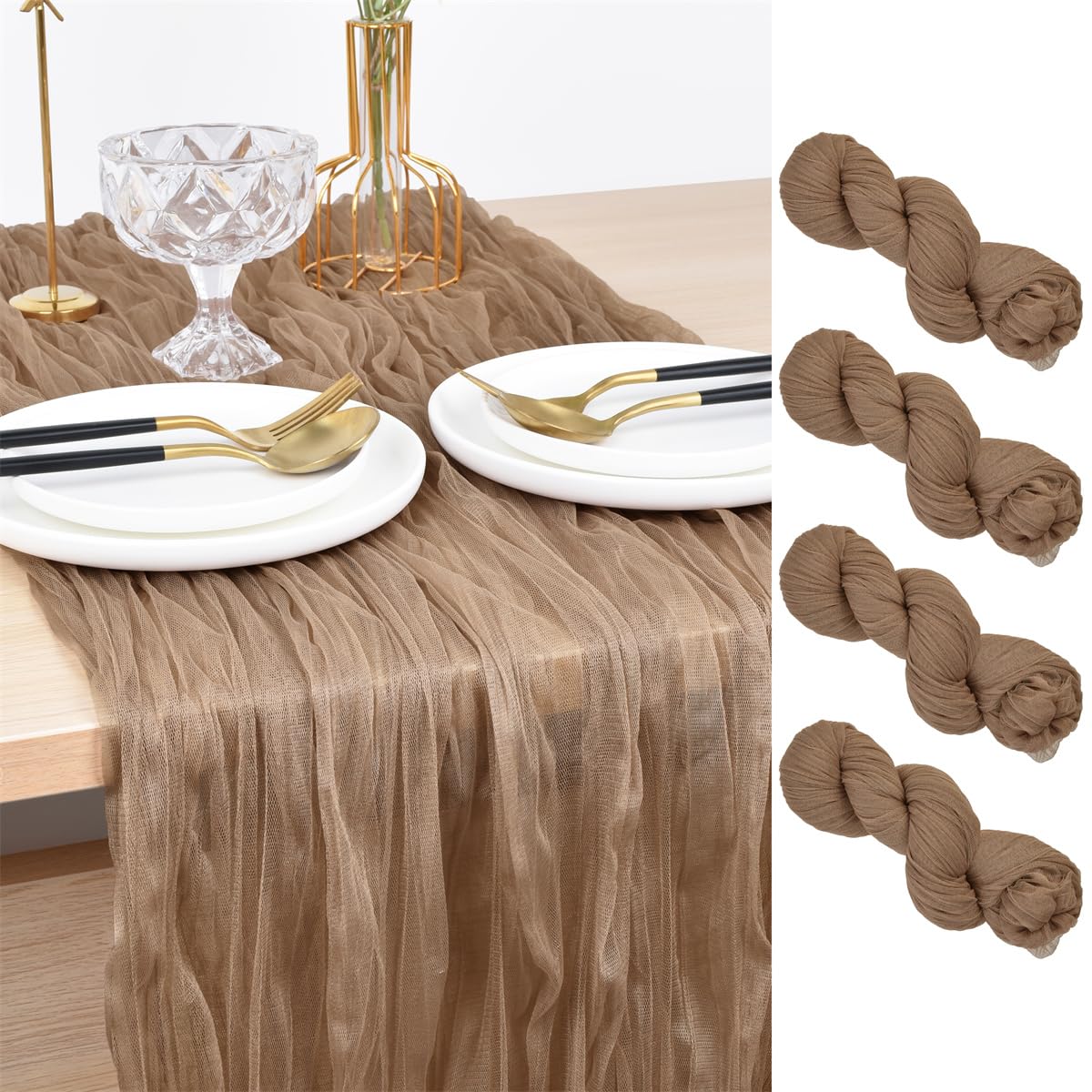 Joanlody Coffee Cheesecloth Table Runner 10Ft Rustic Gauze Cheese Cloth Table Runner Boho Fall Thanksgiving Table Runner For Wed