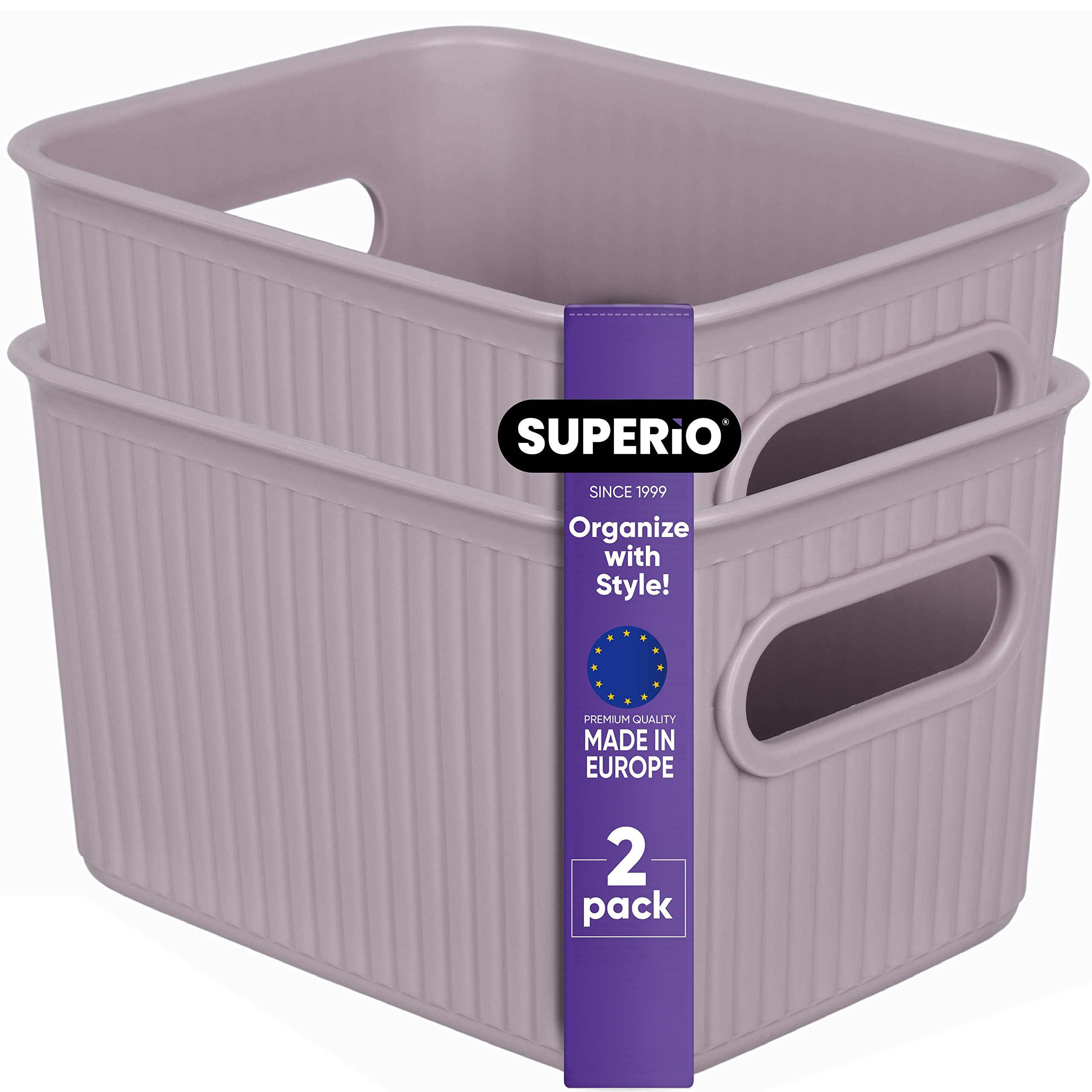 Superio Ribbed Collection - Decorative Plastic Open Home Storage Bins Organizer Baskets, Small Lilac Purple (2 Pack) Container B