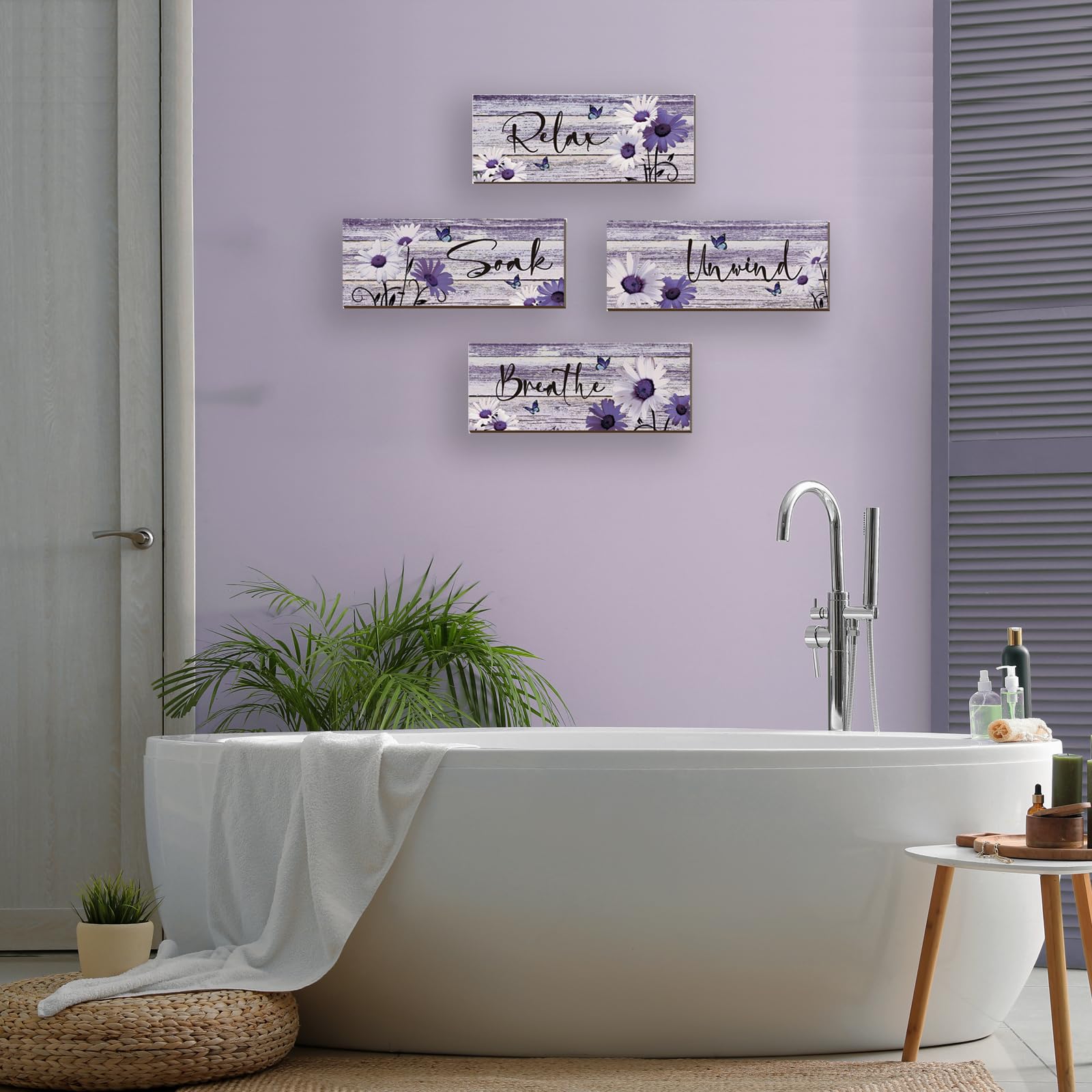 ZINYAZHE 4 Pcs Farmhouse Bathroom Wall Decor - Purple Daisy Floral Flowers and Butterfly Wall Art - Relax Soak Unwind Breathe Ru