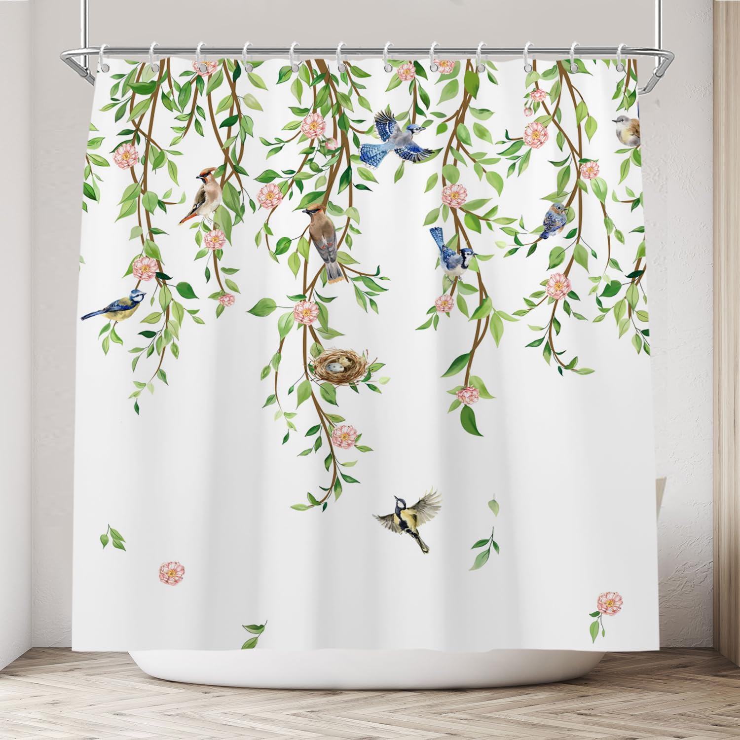 Cokomi Green Leaf Shower Curtain, Spring Watercolor Botanical Plant Leaves With Birds Green Floral Shower Curtains For Bathroom,