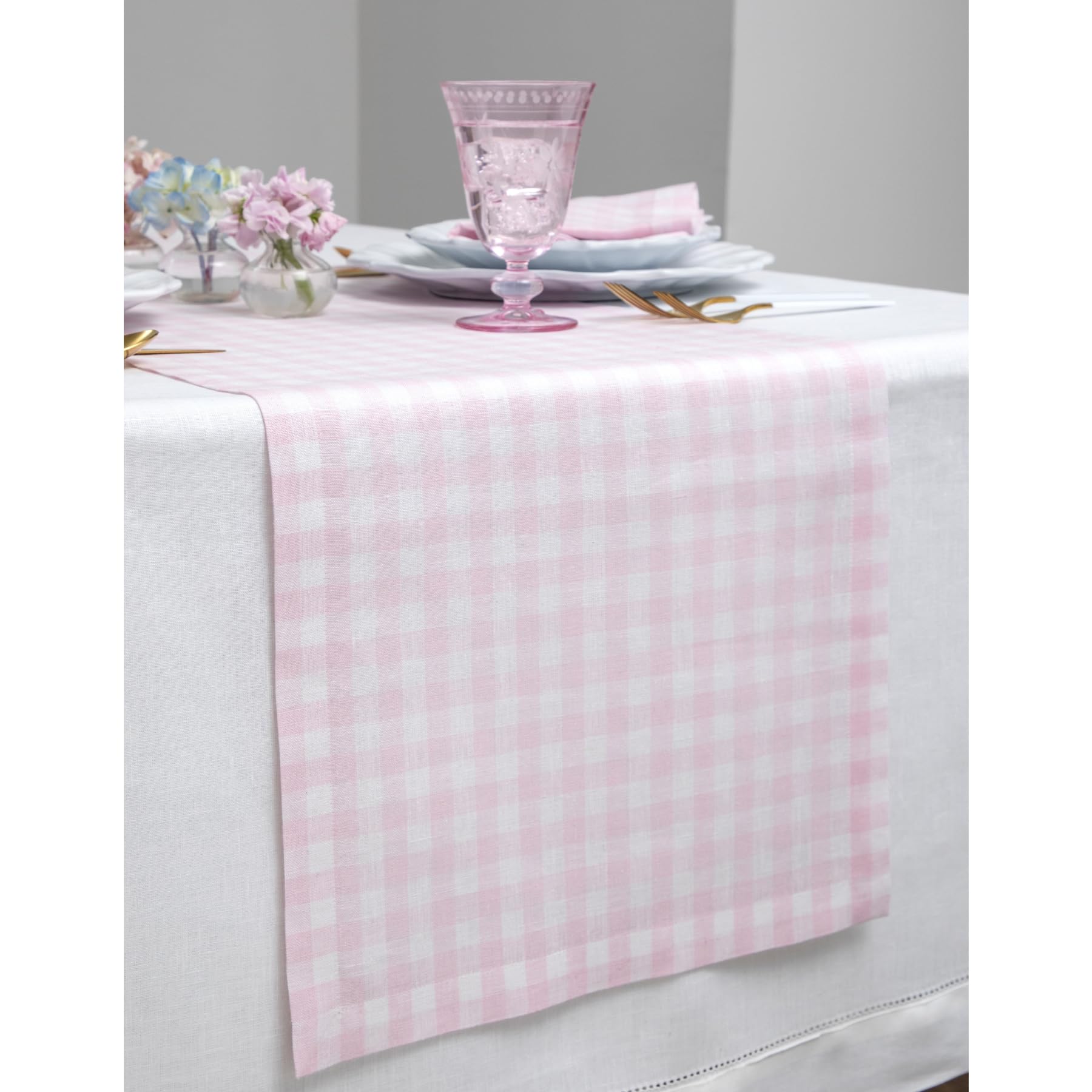 Solino Home Check Linen Table Runner 120 Inches Long - 100% Pure Linen Marshmellow Pink Plaid Table Runner 14 X 120 Inch Ideal F