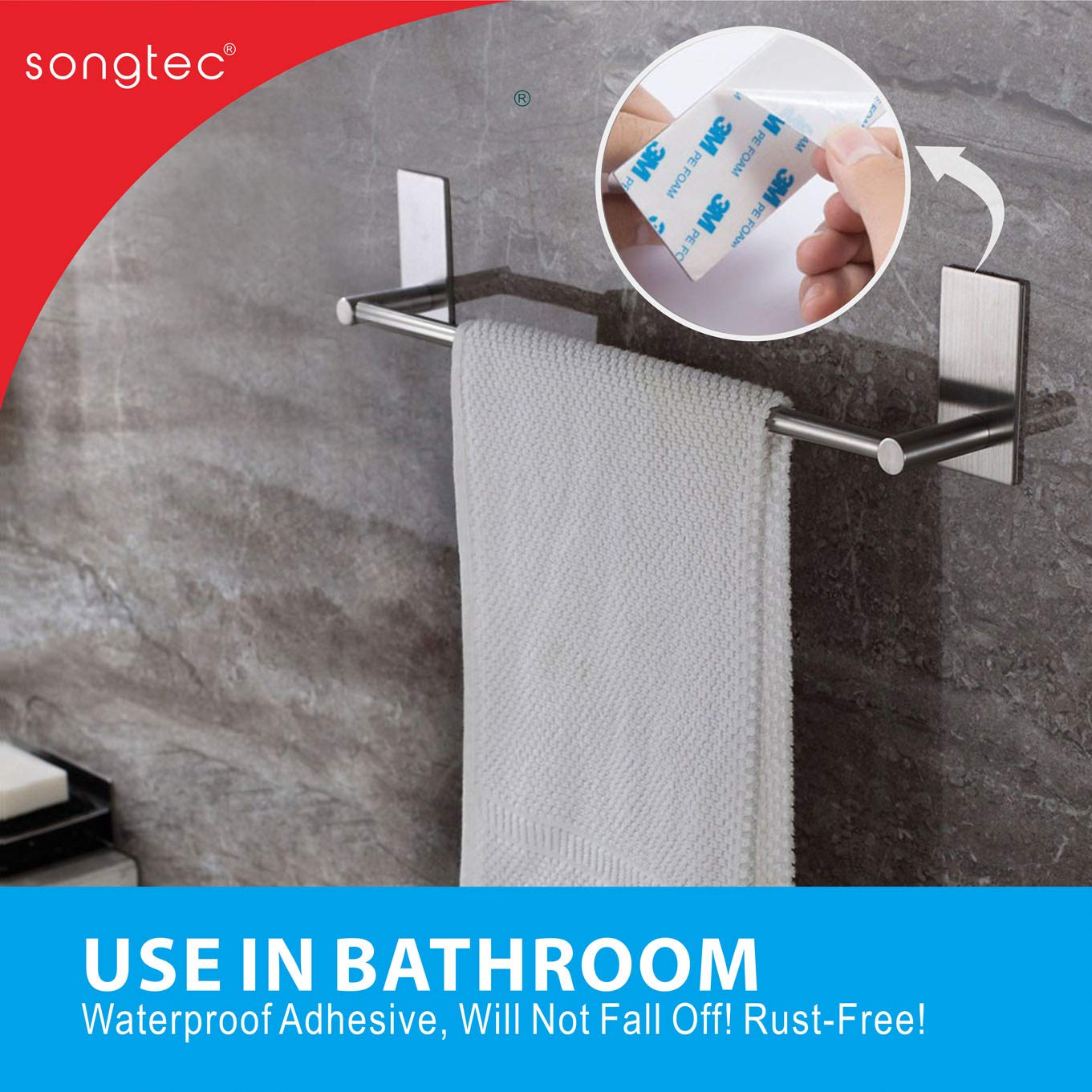 Songtec Adhesive Towel Bar 12inch Brushed  Stick On Bath Towel Rack Easy Install  NO Drilling on Walls  Premium SUS304 Stainless Steel - Brushed