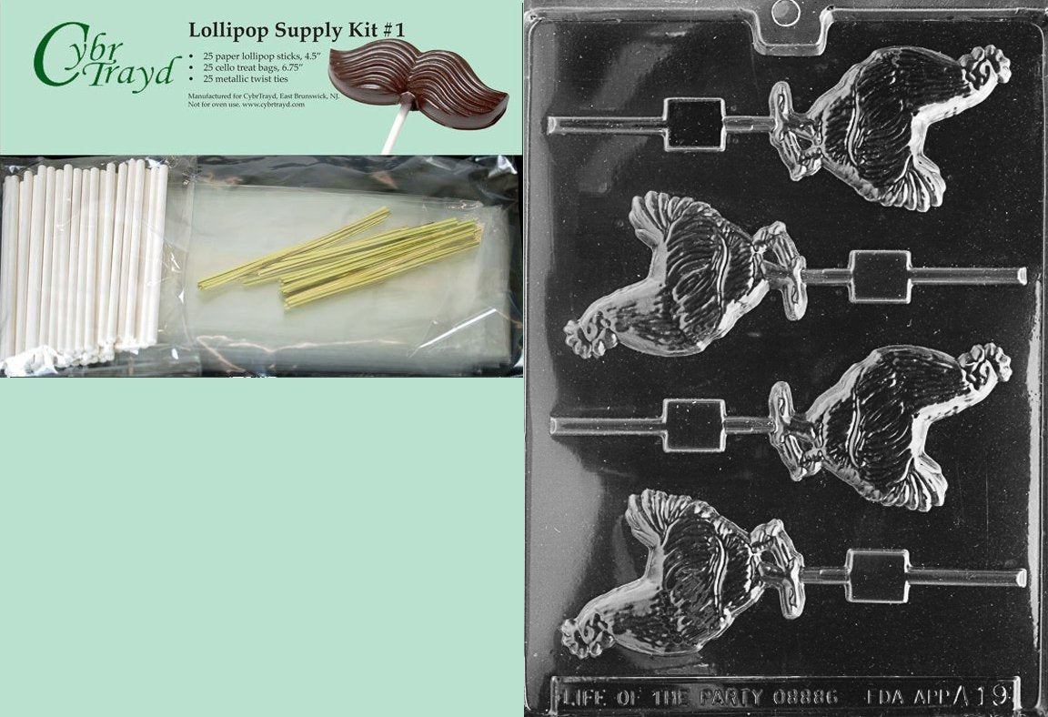 Cybrtrayd Rooster Lolly Animal Chocolate Candy Mold With Lollipop Supply Kit