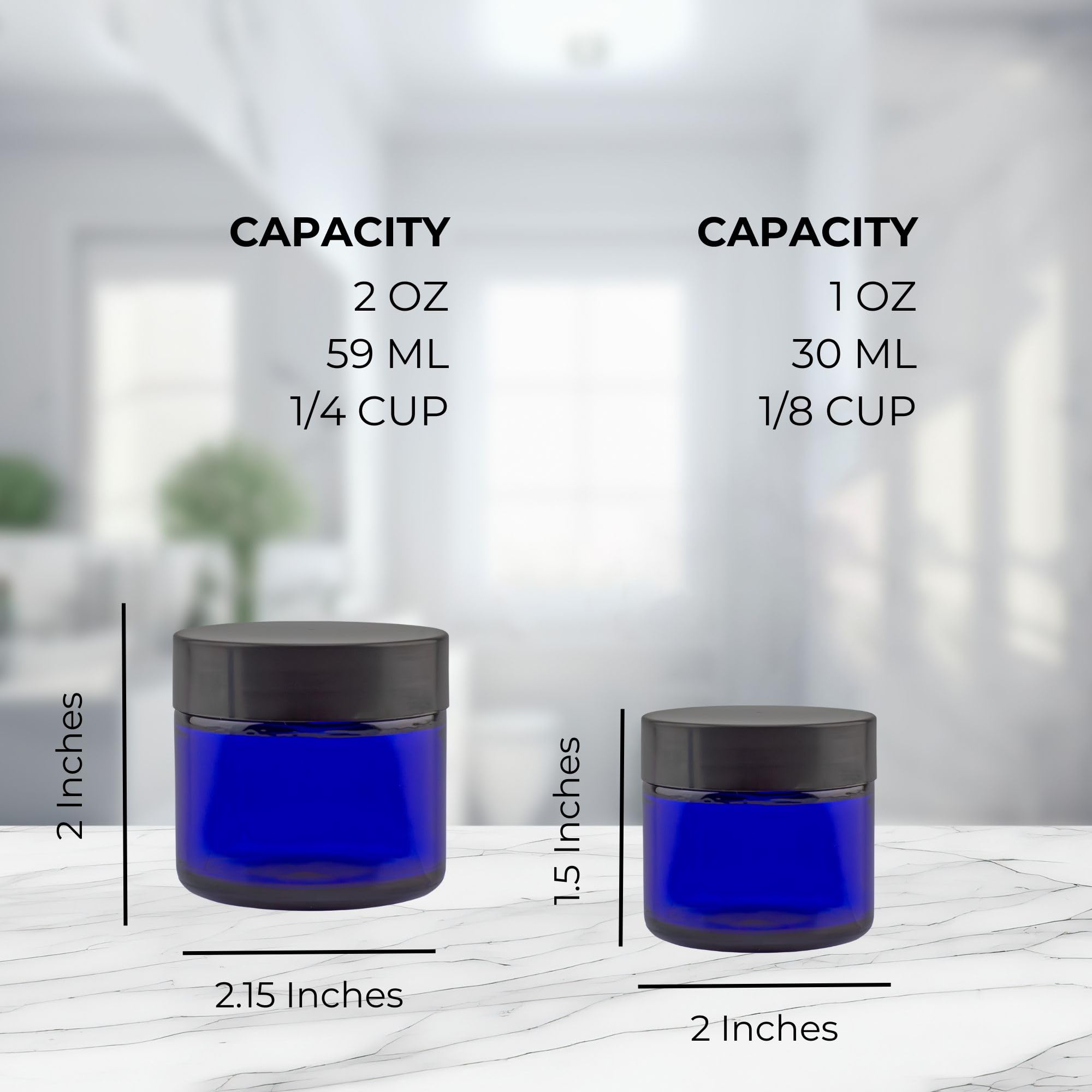 Combination 12 Pack of Cobalt Blue 1oz & 2oz Glass Straight Sided Jars  Lids Included; Empty Refillable Containers for Cosmetics  Creams  Lotions
